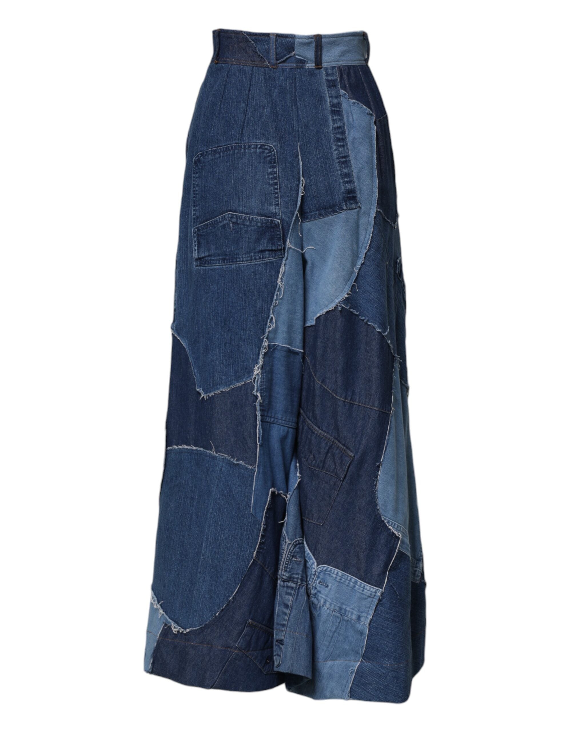 Blue Denim Long Maxi Patchwork Cotton Skirt - ventzia