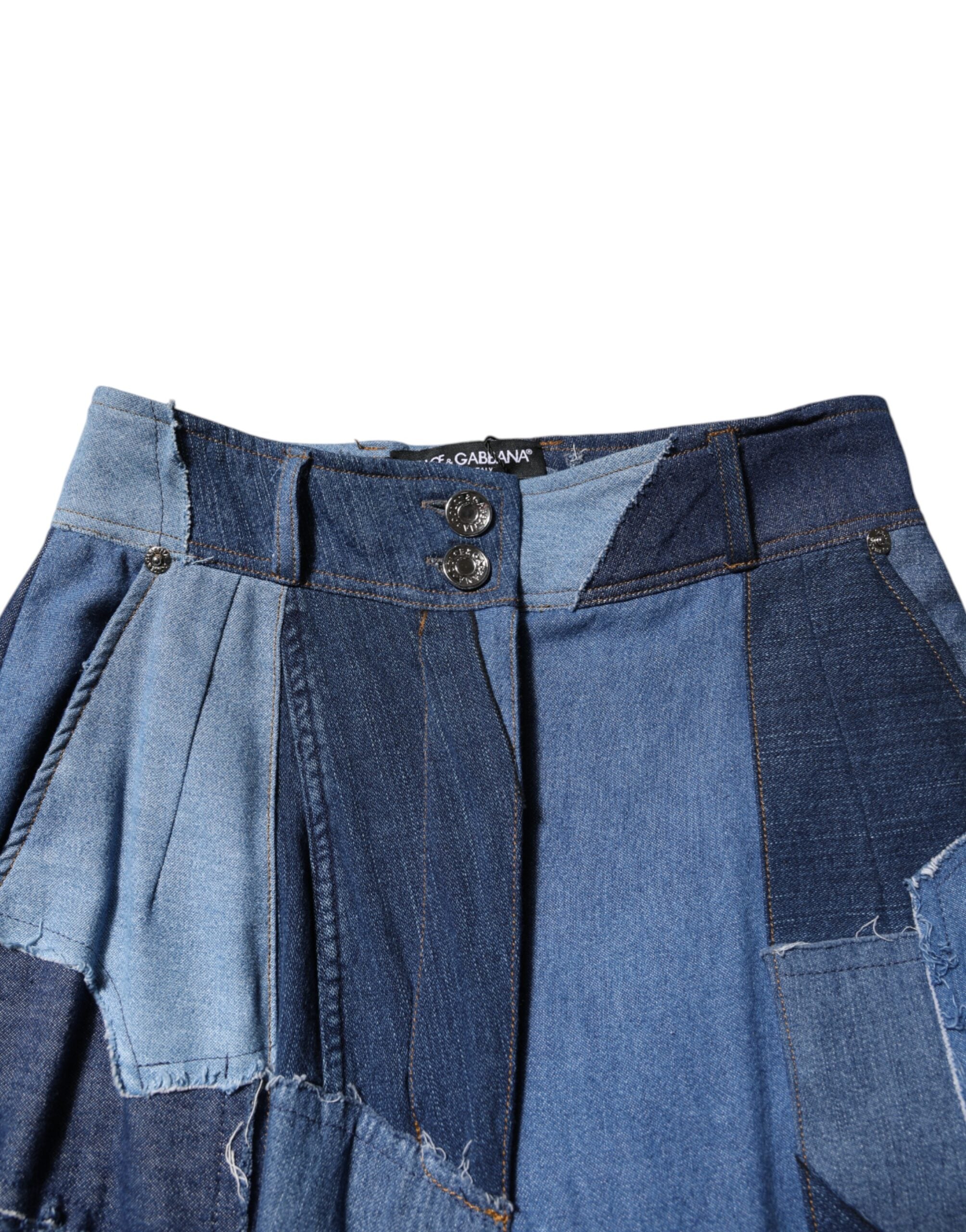 Blue Denim Long Maxi Patchwork Cotton Skirt - ventzia