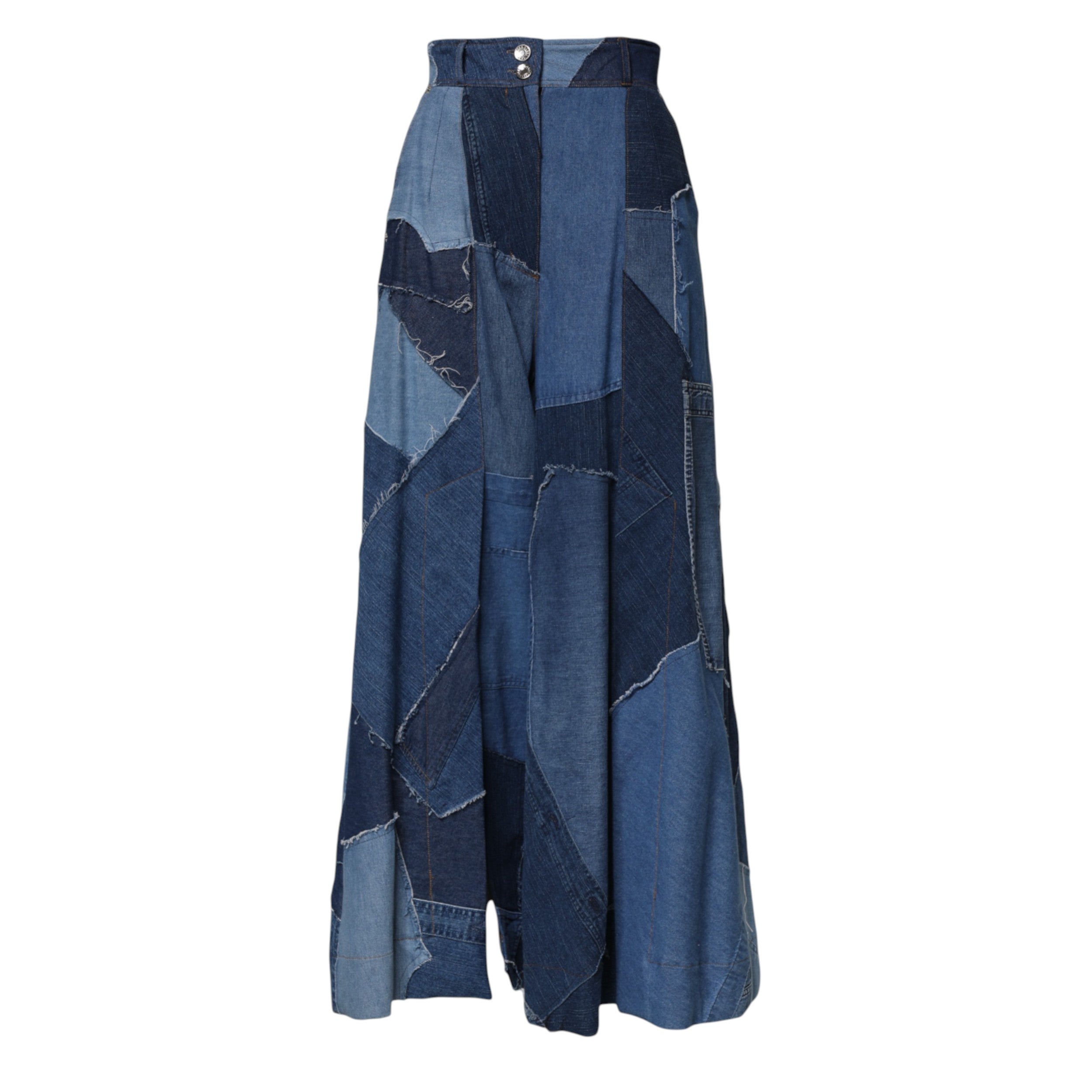 Blue Denim Long Maxi Patchwork Cotton Skirt - ventzia