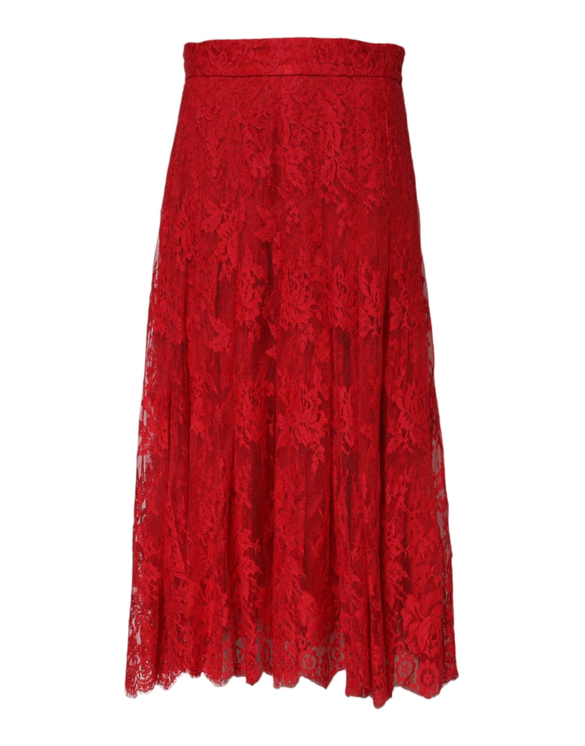 Red Cotton Floral Lace A-line Long Maxi Skirt - ventzia