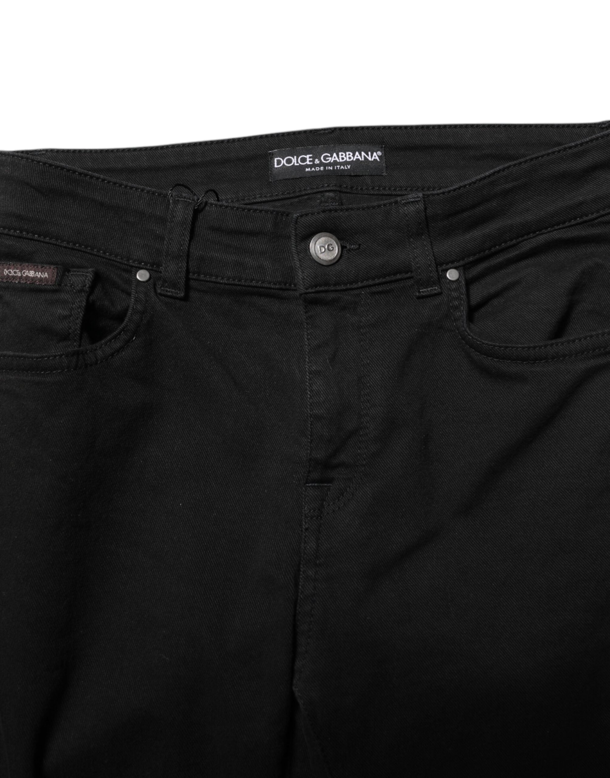 Black Cotton Logo Skinny Mid Waist Denim Jeans - ventzia