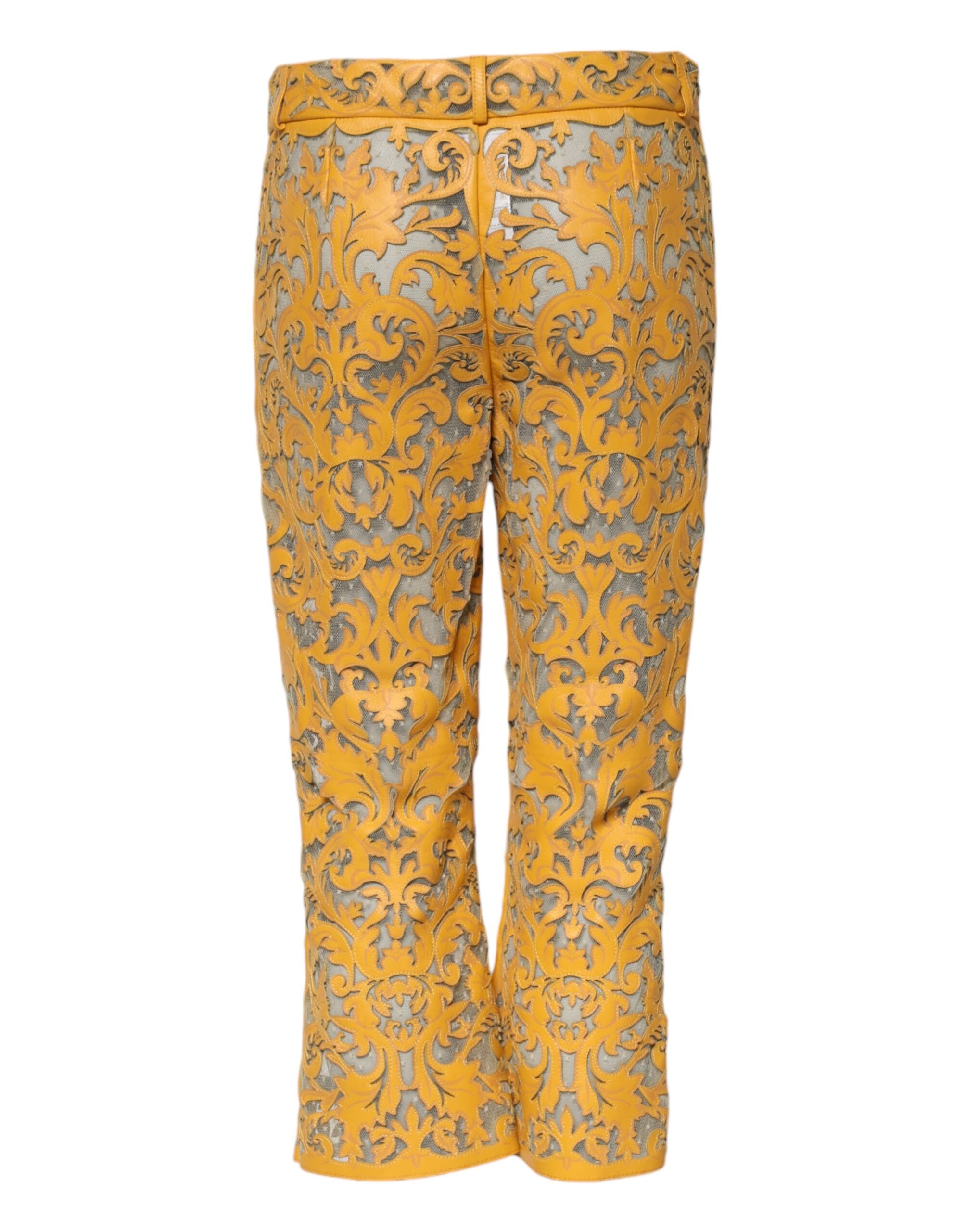 Yellow Floral Lace Mid Waist Capri Pants - ventzia