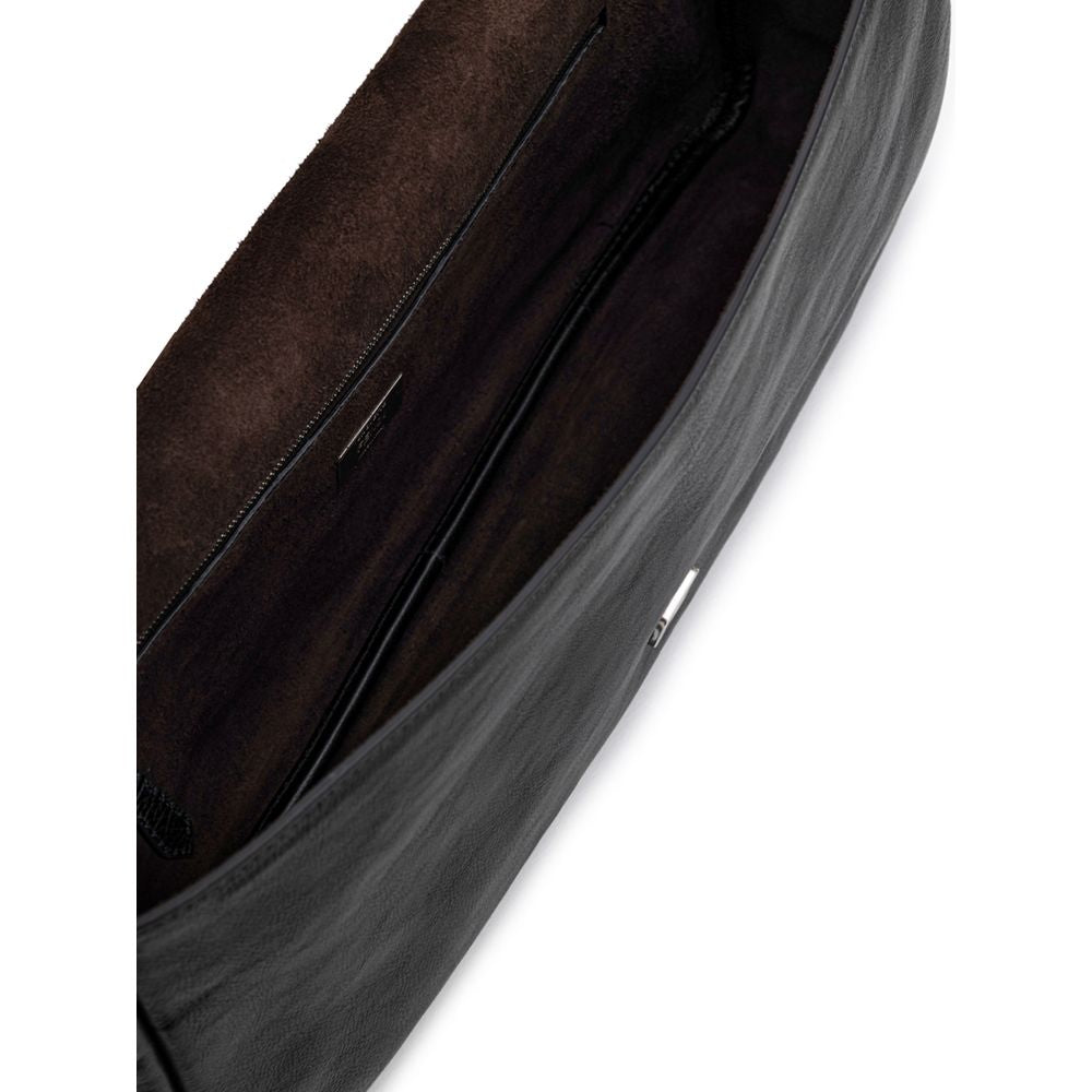 Black Leather Shoulder Bag - ventzia