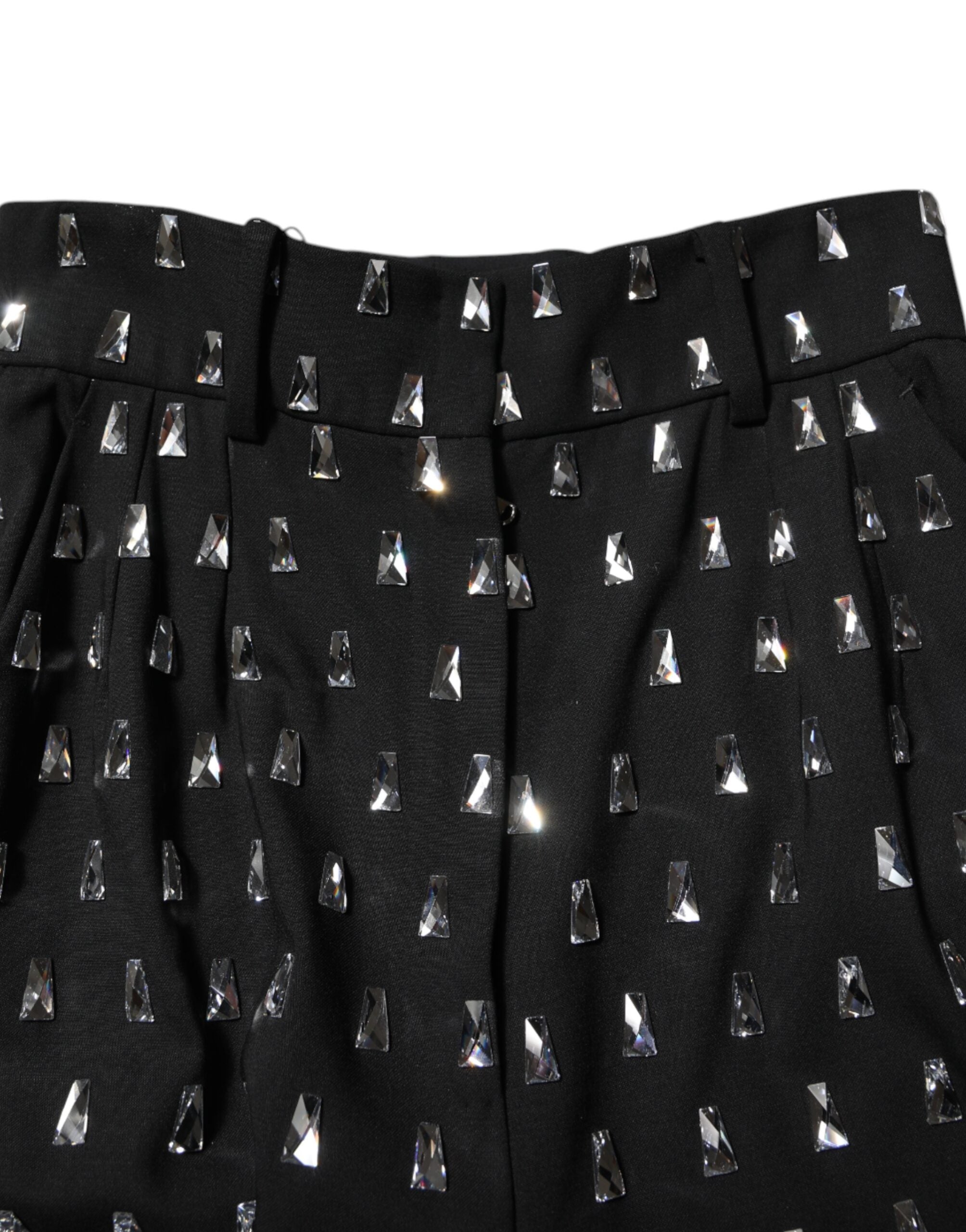 Black Crystal Embellished Wide Leg Pants - ventzia