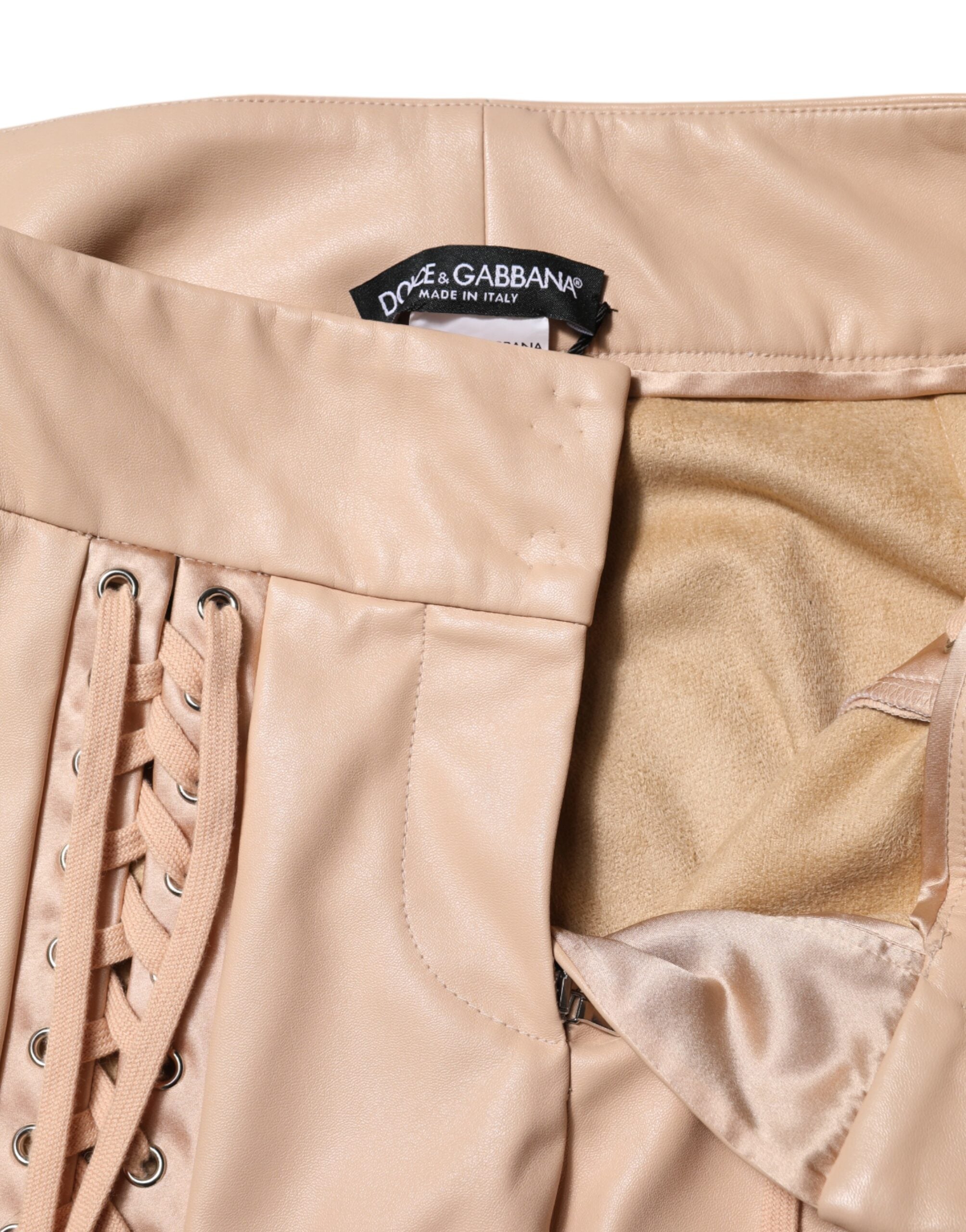 Beige Lace Details Mid Waist Skinny Pants - ventzia