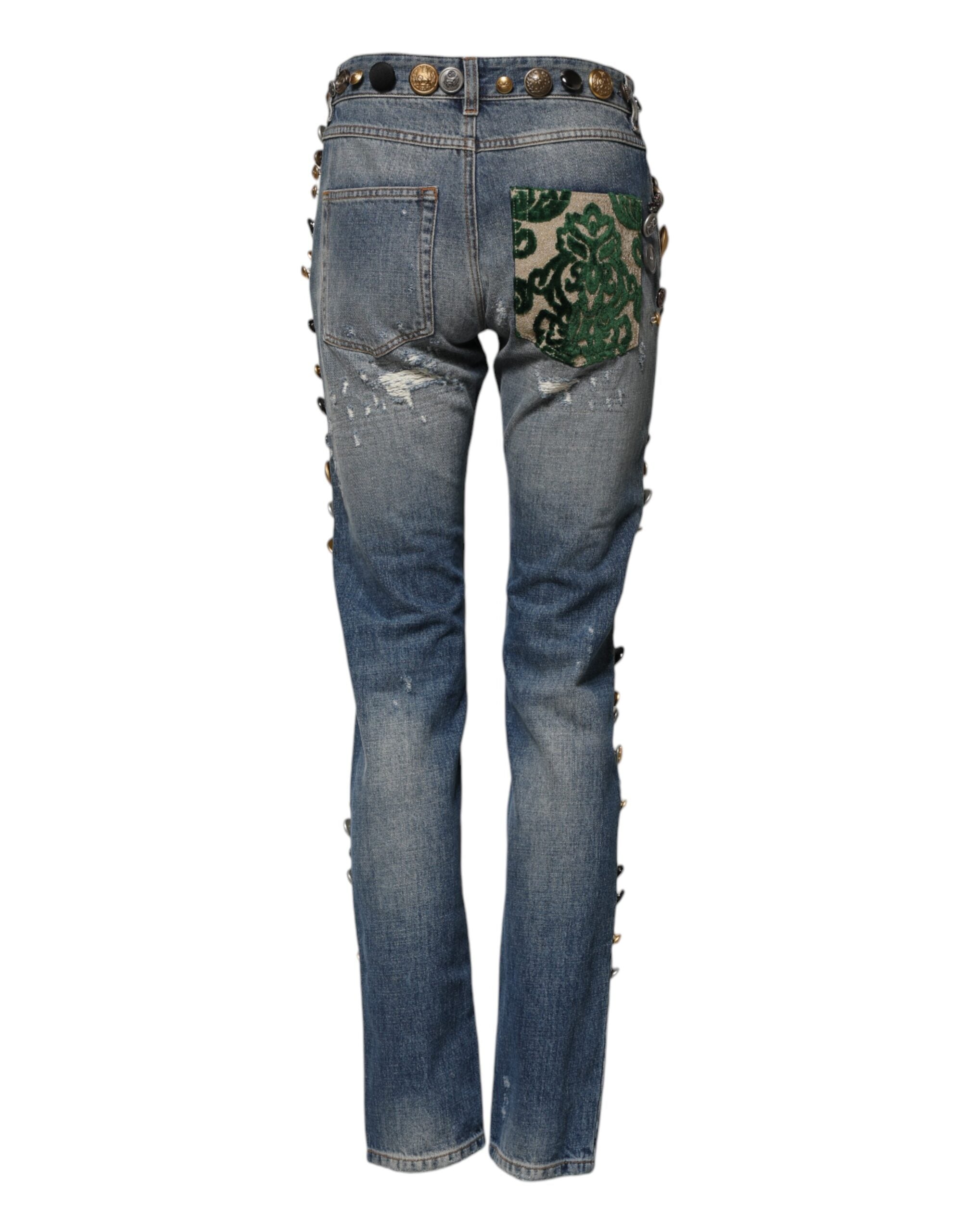 Blue Embellished Tattered SkinnyDenim Jeans - ventzia