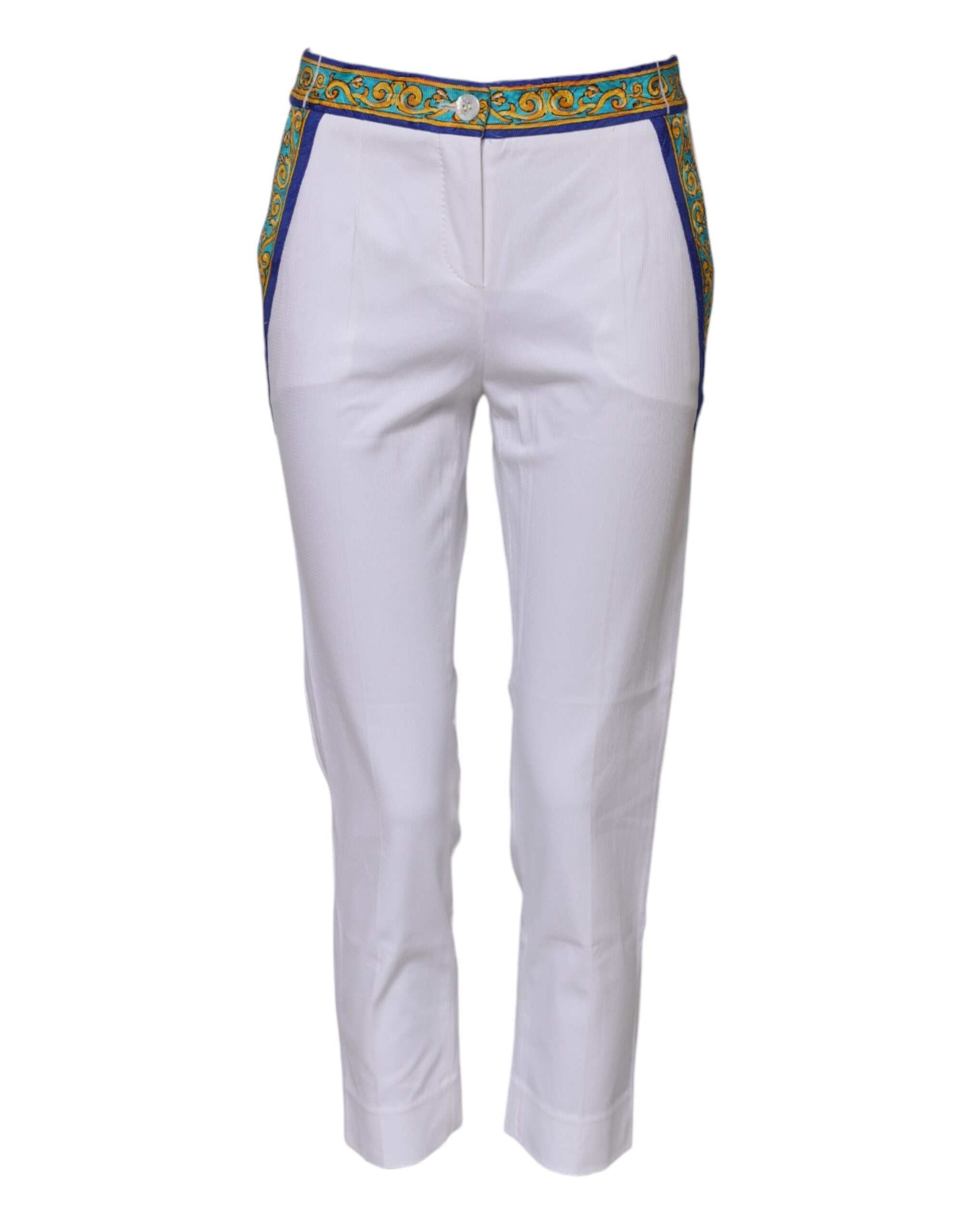 White Cotton Mid Waist Tapered Trouser Pants - ventzia