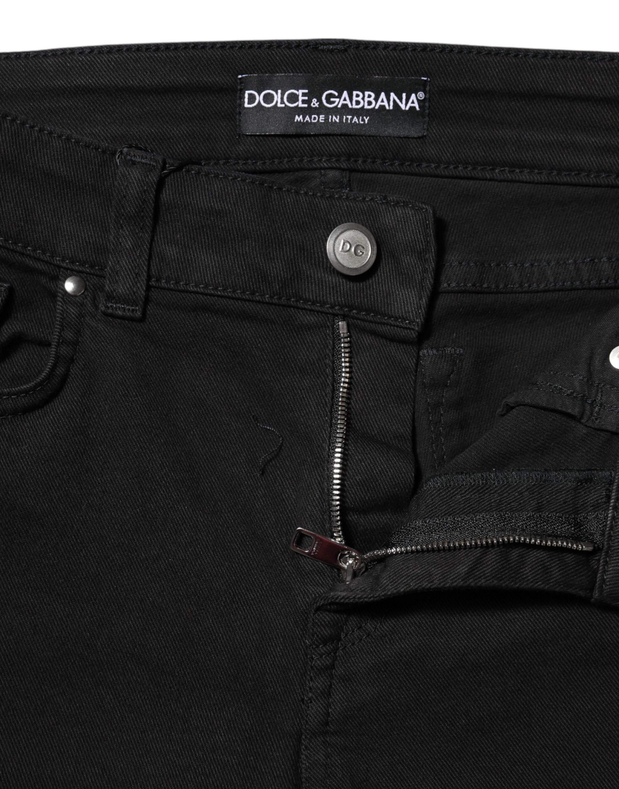 Black Cotton Logo Skinny MidWaist Denim Jeans - ventzia