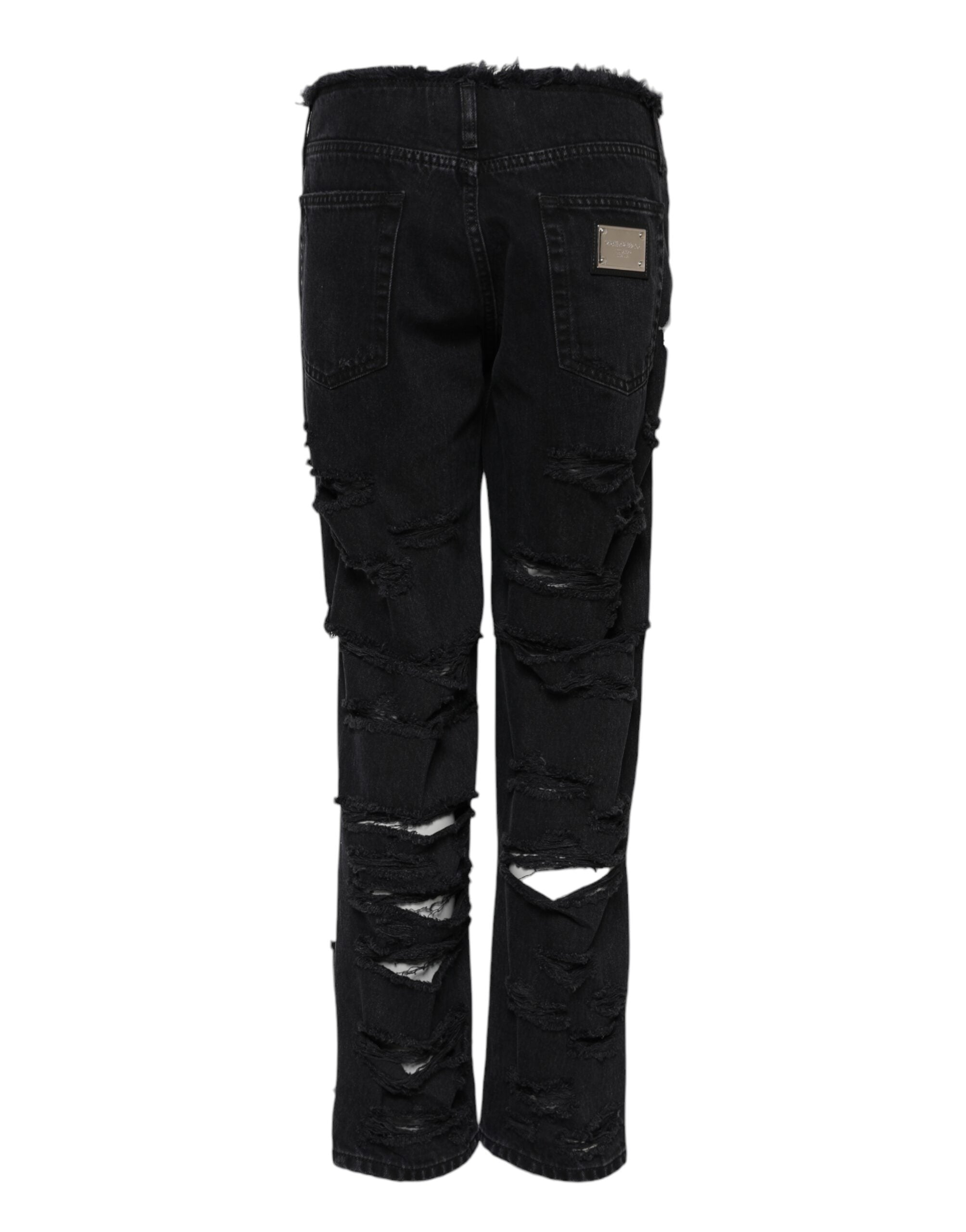 Black Cotton Tattered Mid Waist Denim Jeans - ventzia