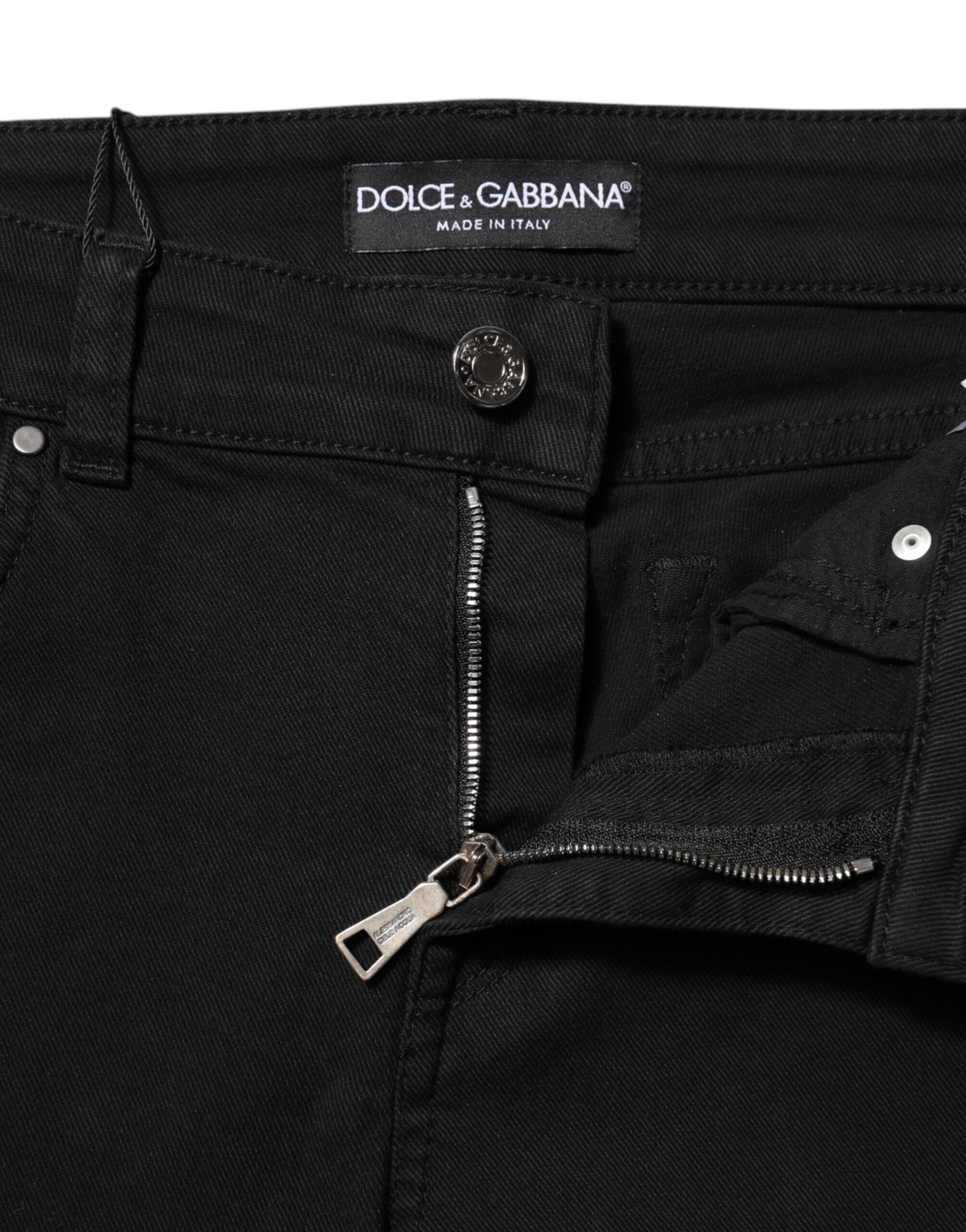 Black Cotton Logo Skinny Mid Waist Denim Jeans - ventzia