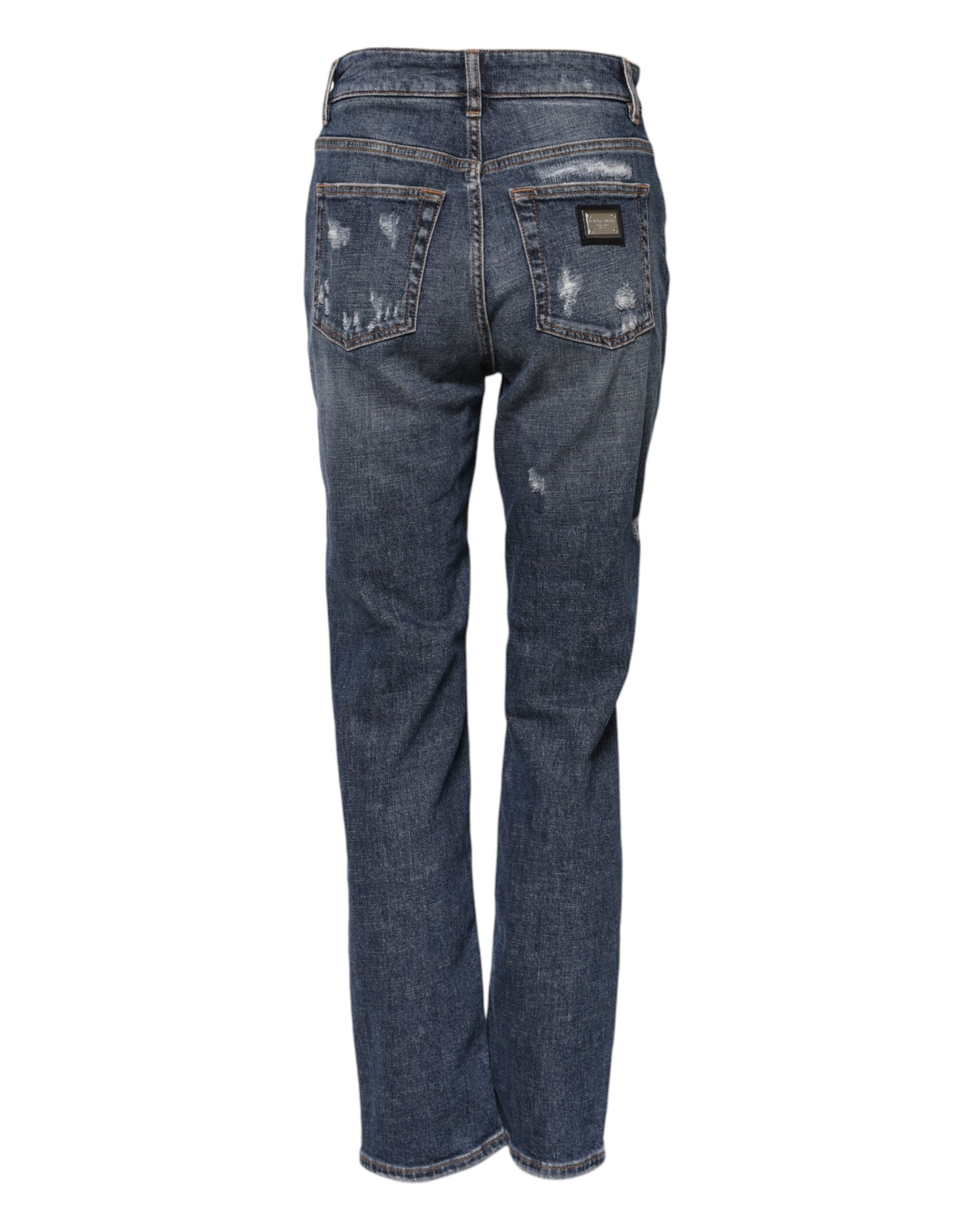 Blue Cotton Boyfriend Tattered Denim Jeans - ventzia