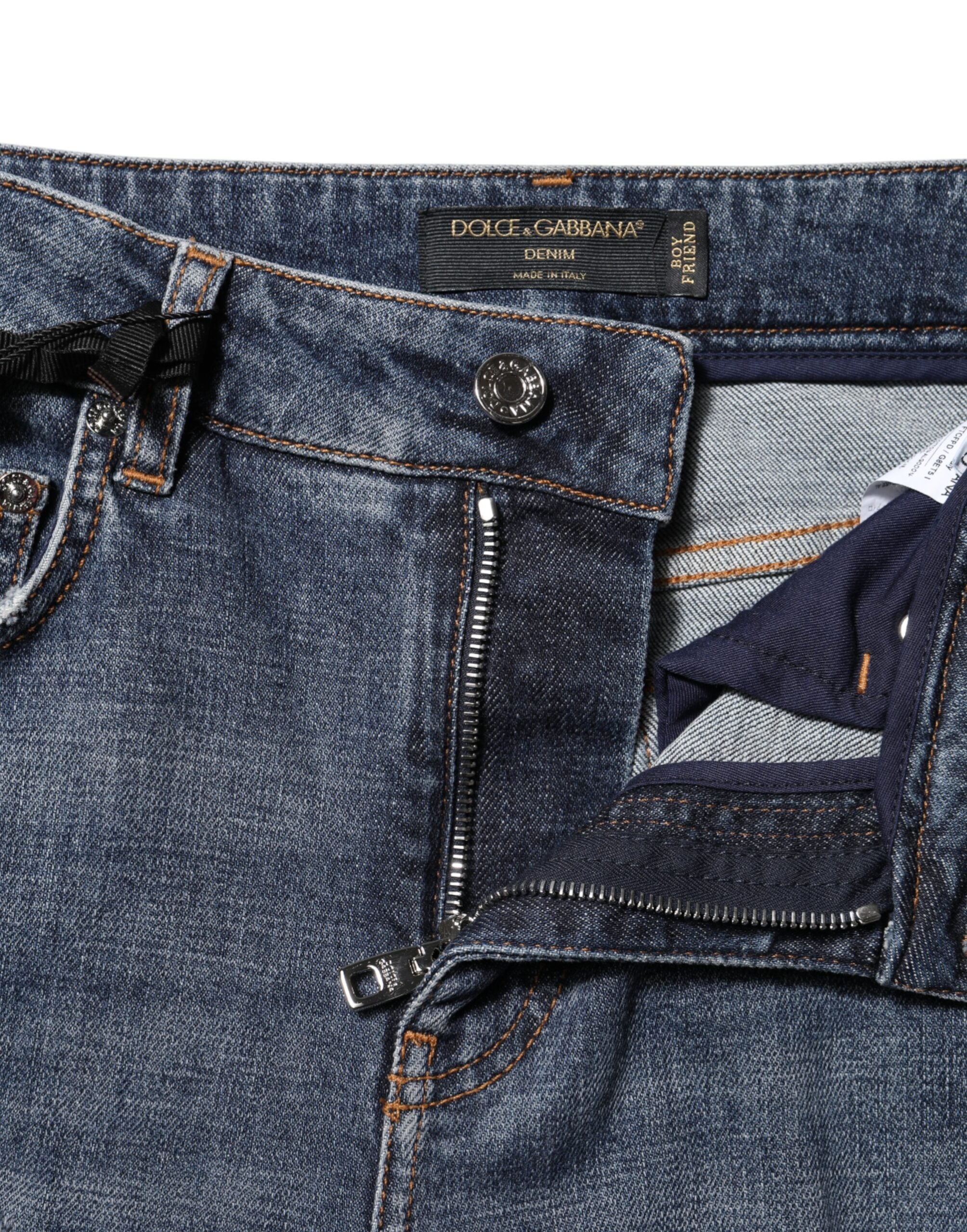 Blue Cotton Boyfriend Tattered Denim Jeans - ventzia