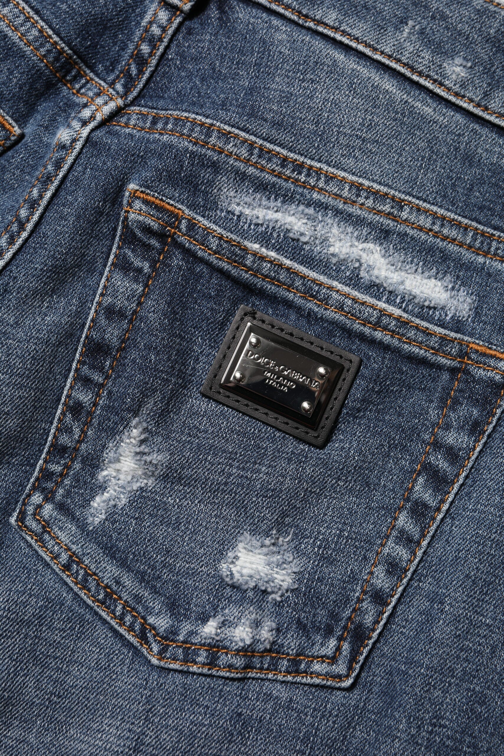 Blue Cotton Boyfriend Tattered Denim Jeans - ventzia