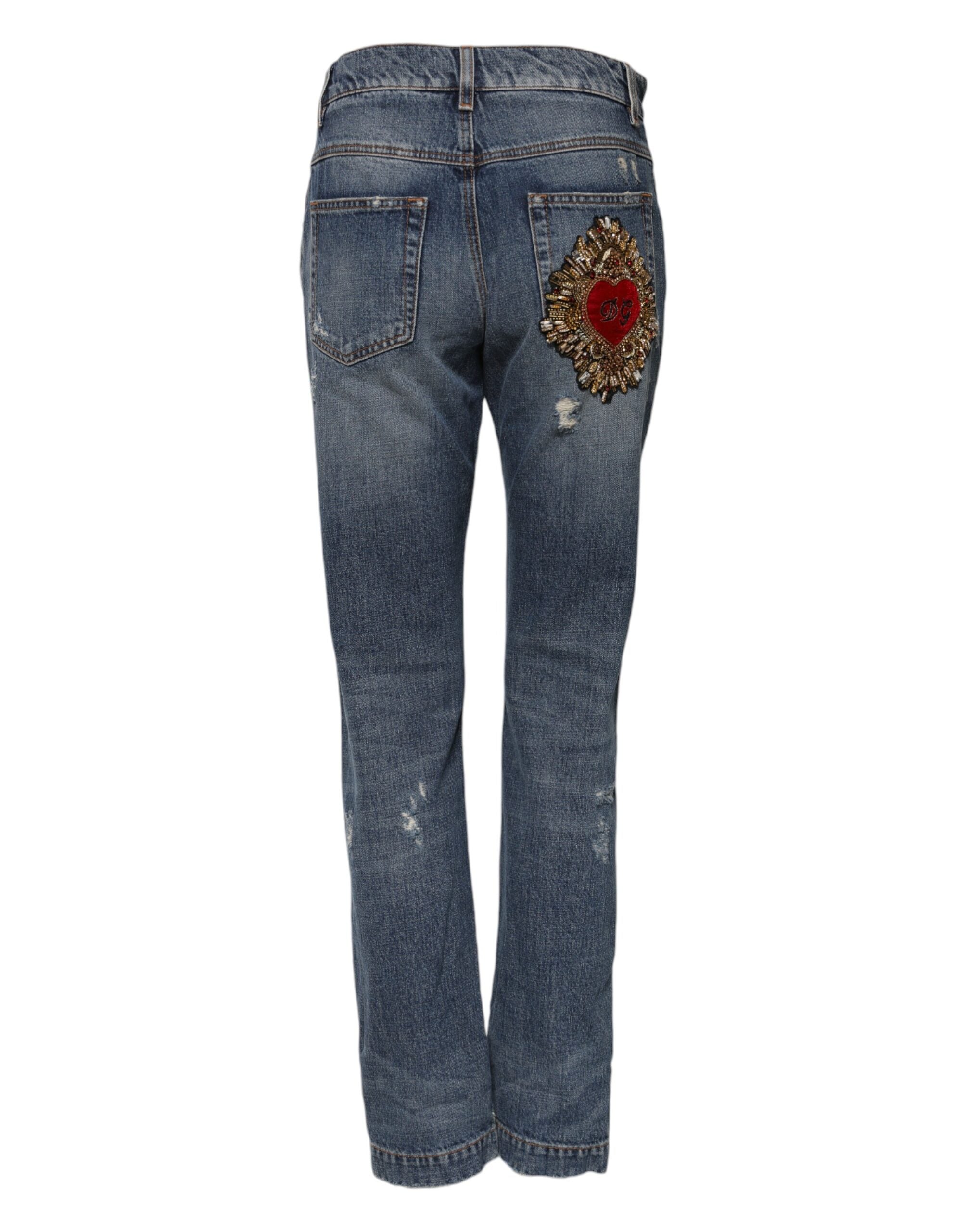 Blue Cotton Boyfriend Tattered Denim Jeans - ventzia