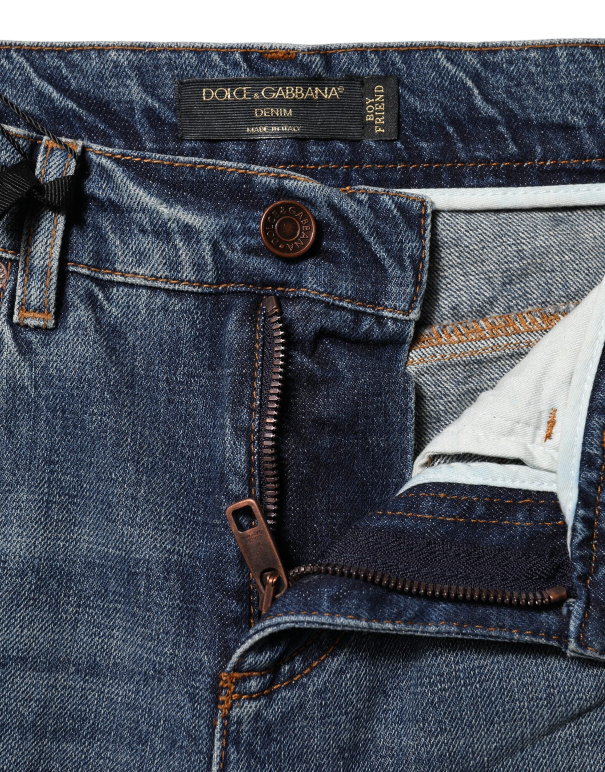 Blue Cotton Boyfriend Tattered Denim Jeans - ventzia