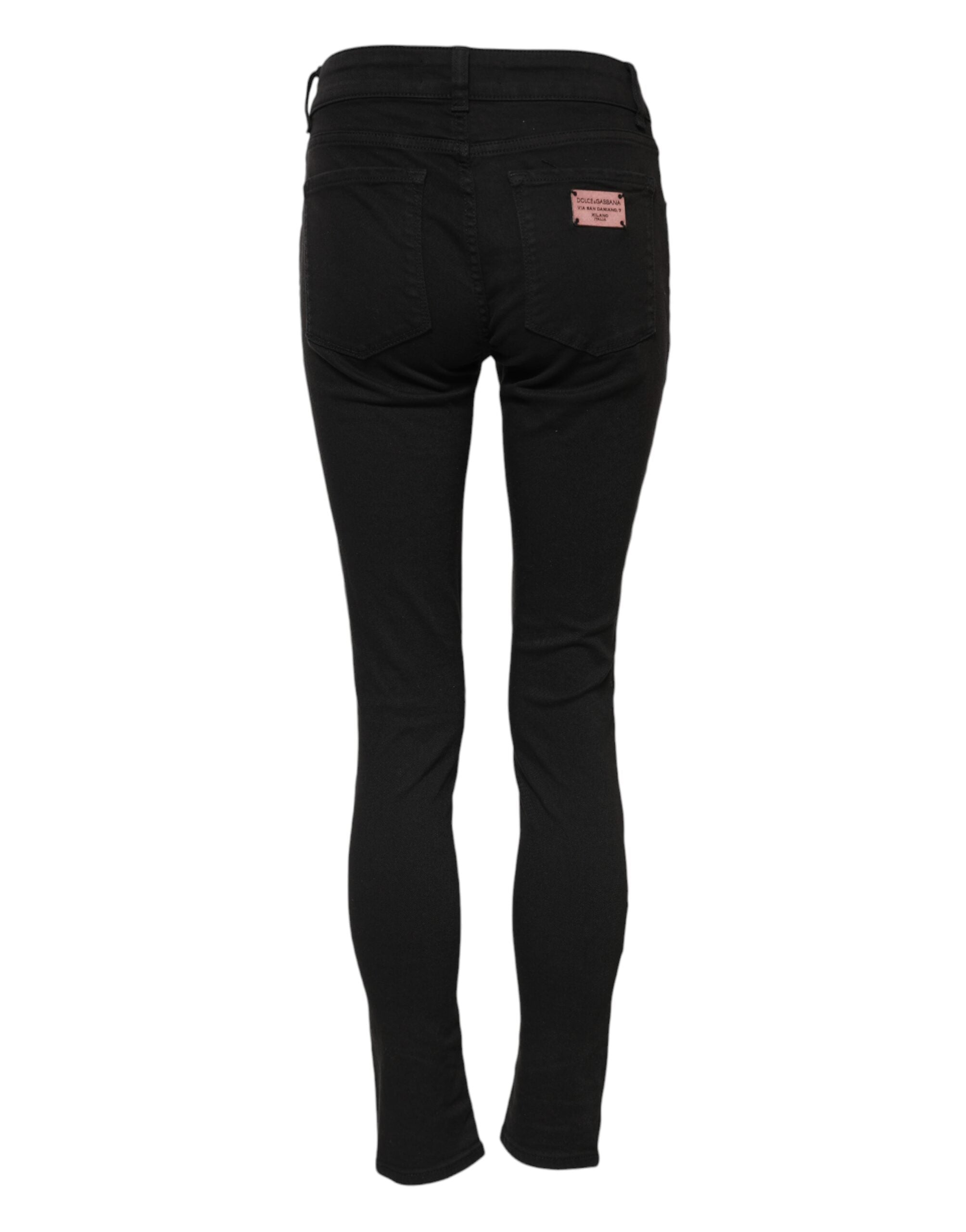 Black Cotton Skinny Mid Waist Denim Jeans - ventzia