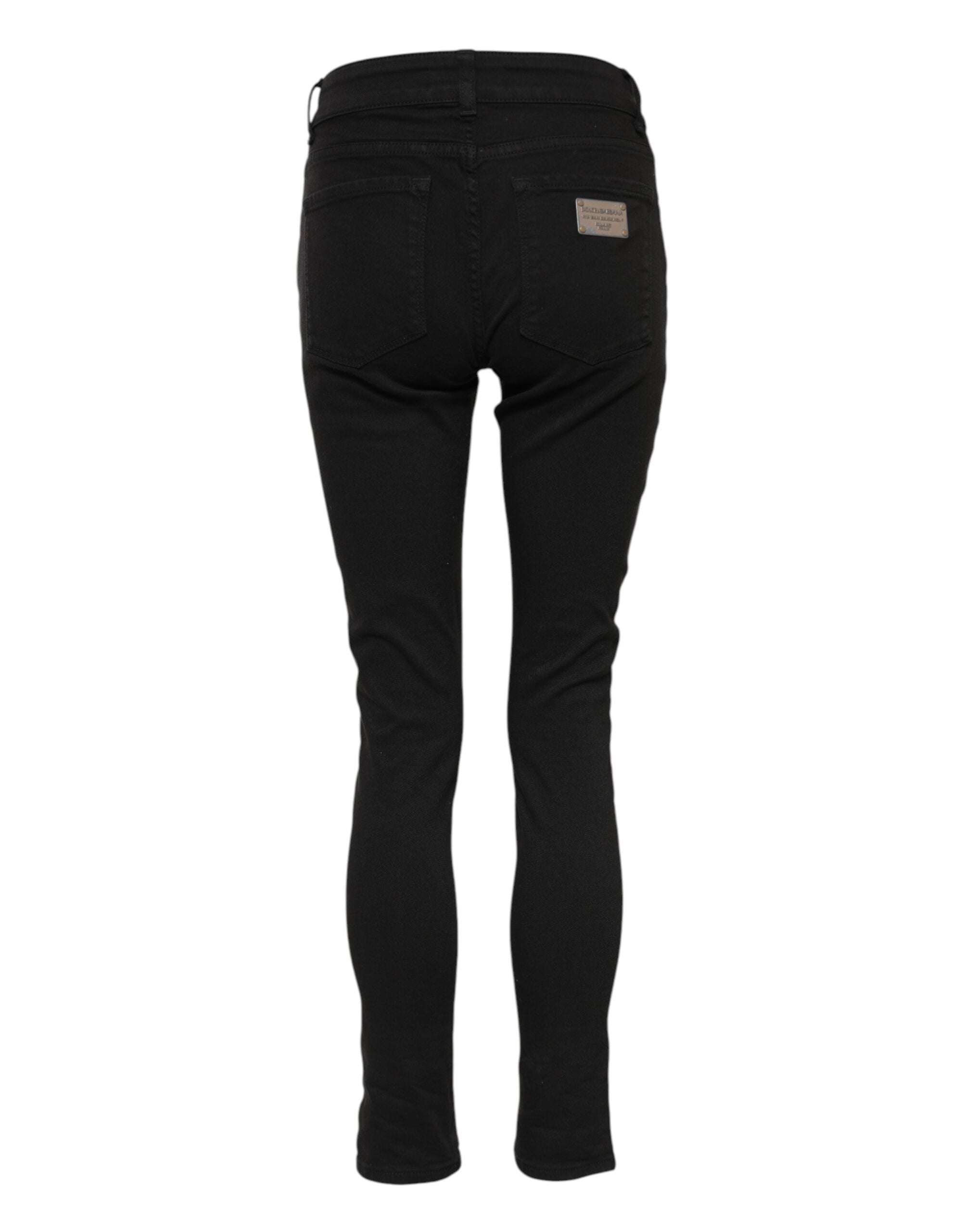 Black Cotton Logo Skinny Mid Waist Denim Jeans - ventzia