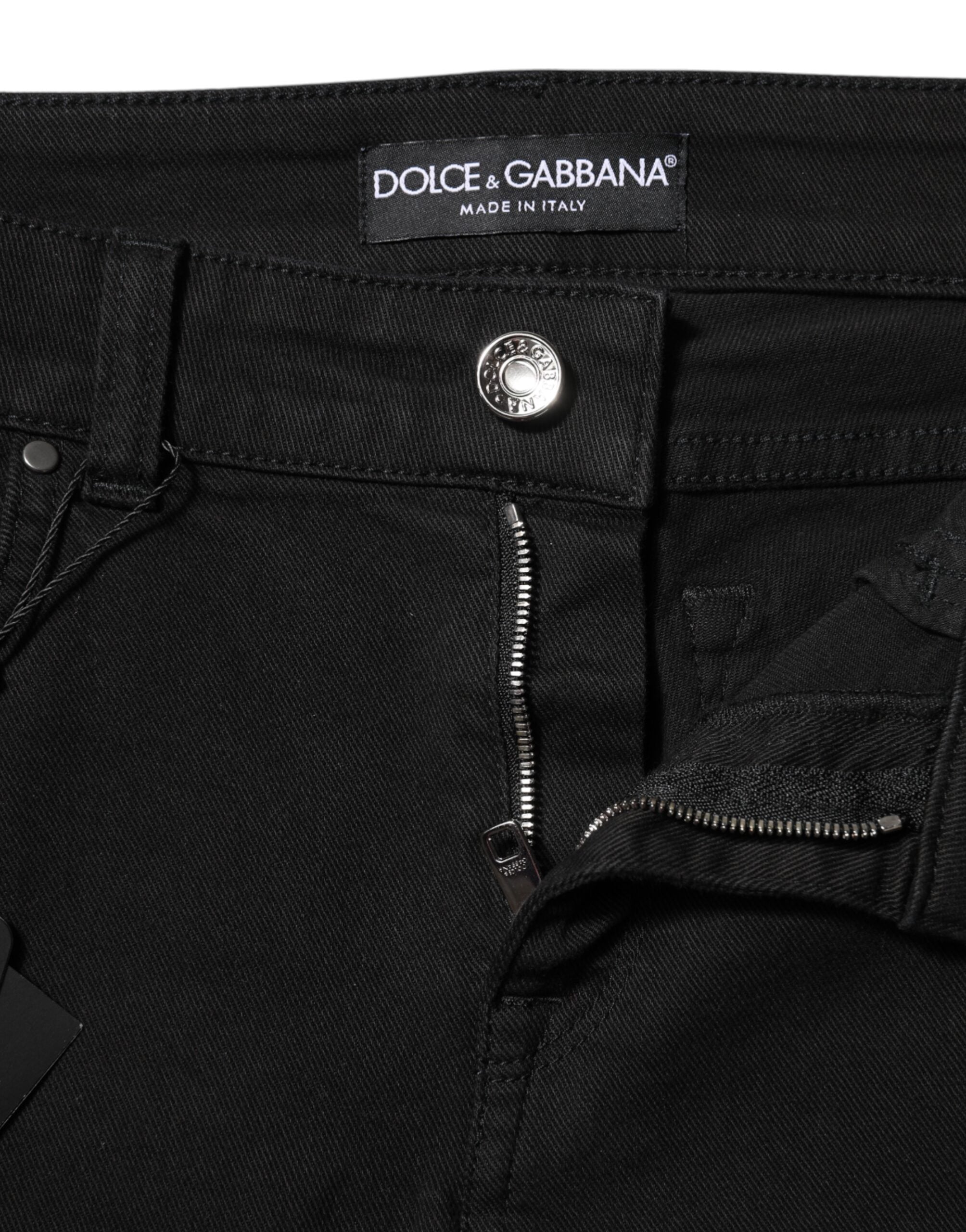 Black Cotton Logo Skinny Mid Waist Denim Jeans - ventzia