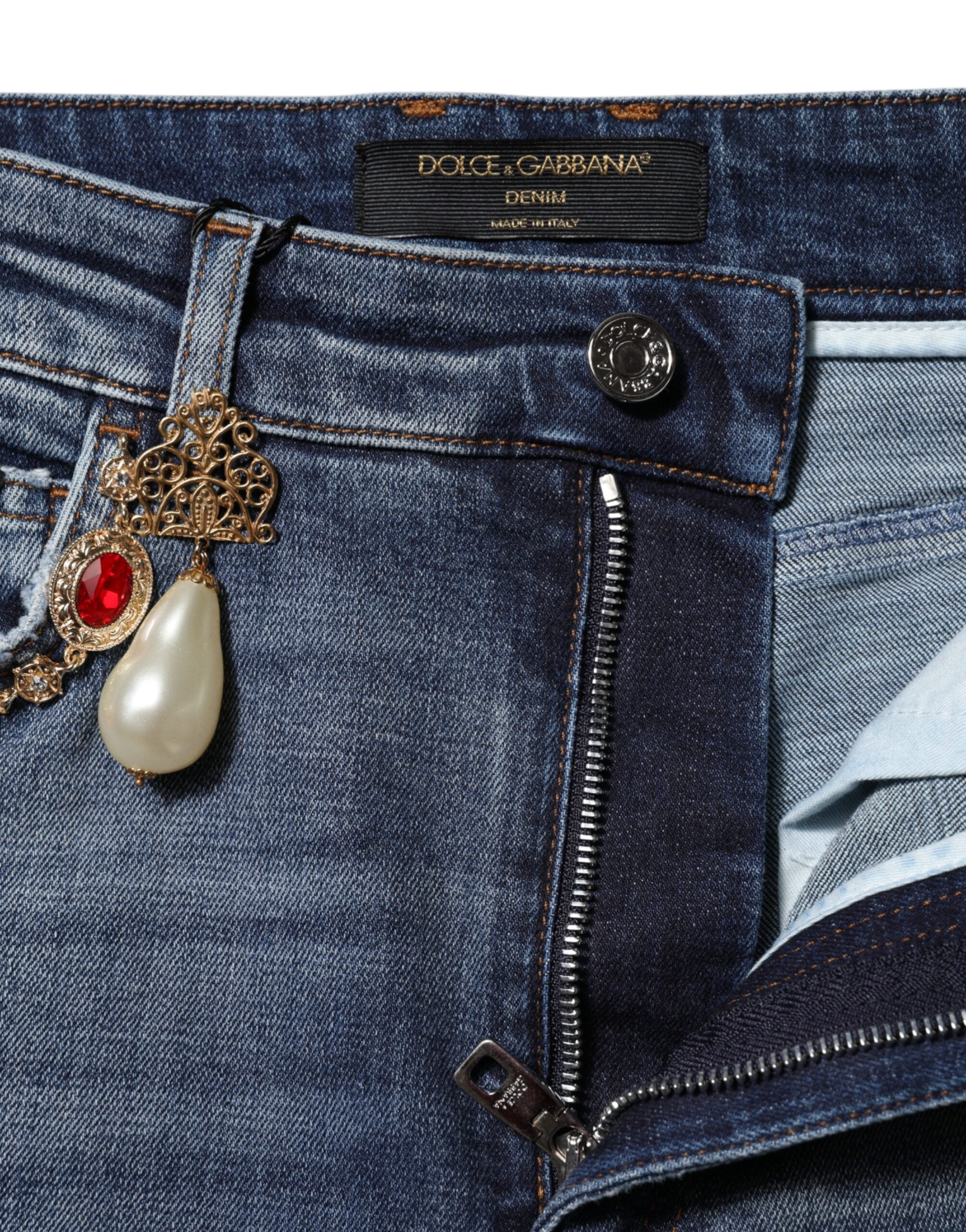Blue Rhinestone Embellished Denim Jeans - ventzia