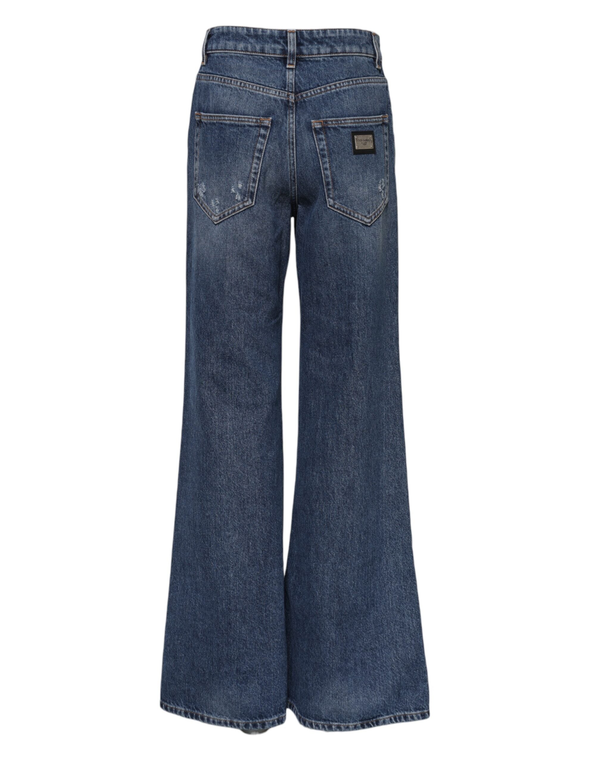 Blue Cotton Wide Leg Tattered Denim Jeans - ventzia