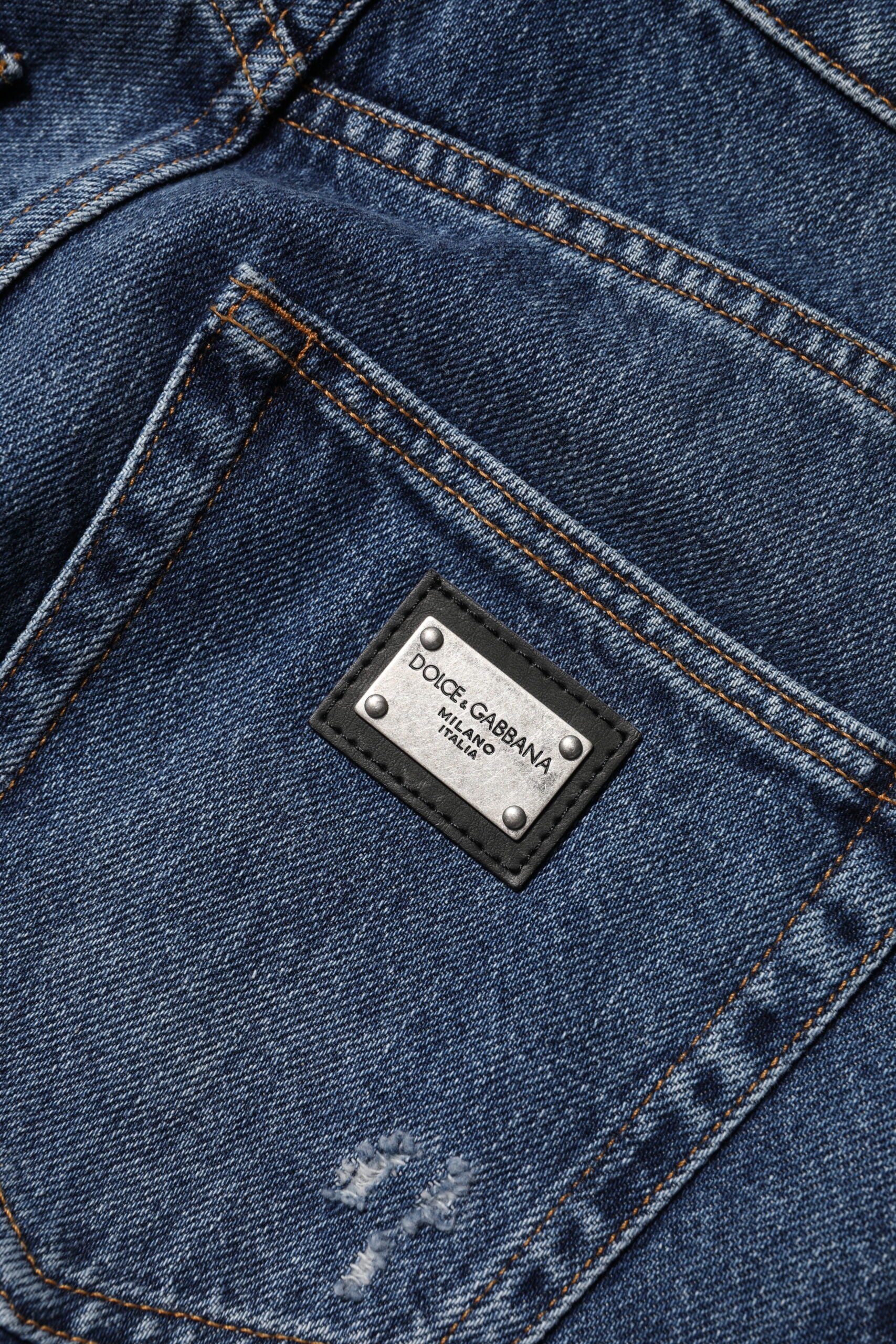 Blue Cotton Wide Leg Tattered Denim Jeans - ventzia