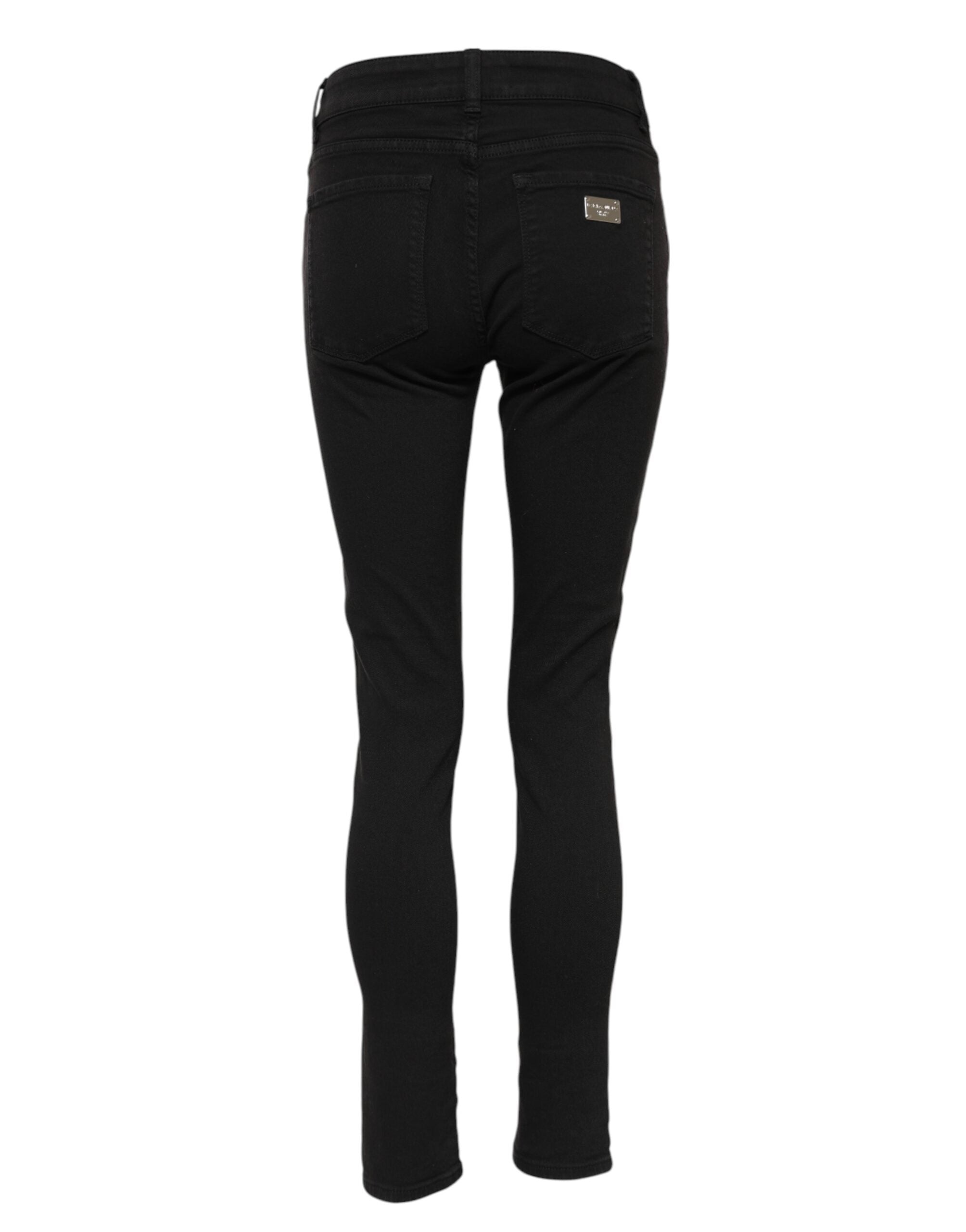 Black Cotton Logo Skinny Mid Waist Denim Jeans - ventzia