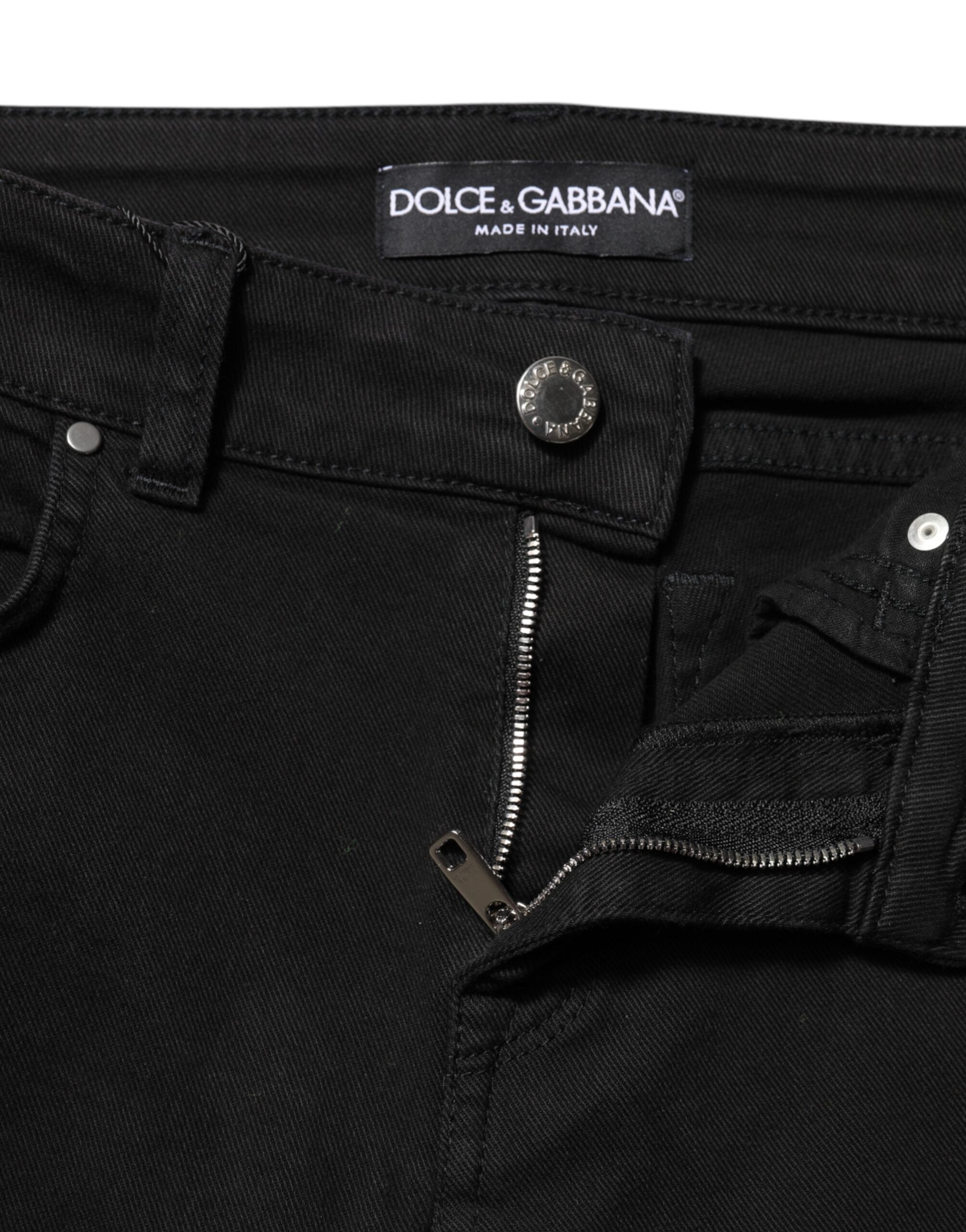 Black Cotton Logo Skinny Mid Waist Denim Jeans - ventzia