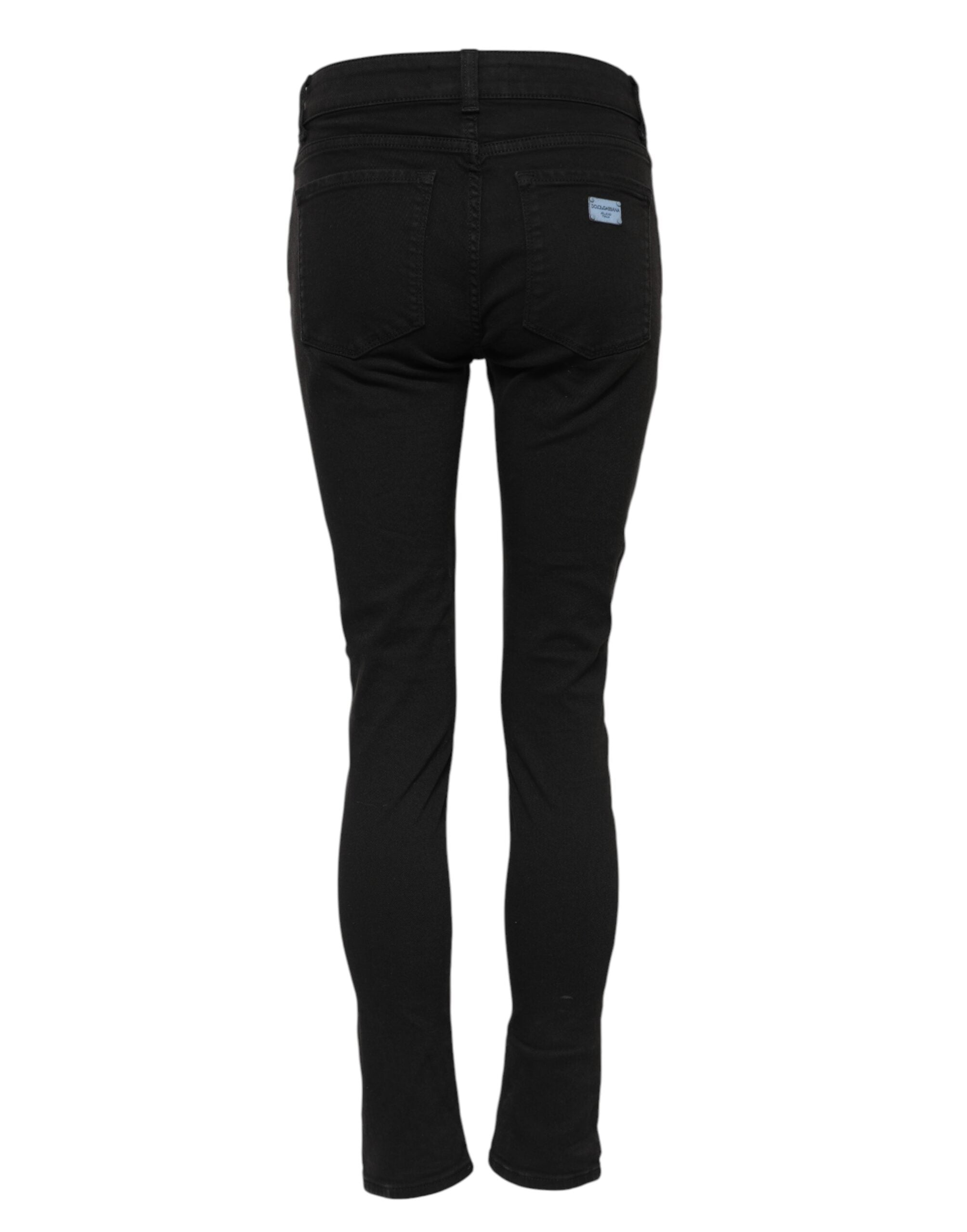 Black Cotton Logo Skinny Mid Waist Denim Jeans - ventzia