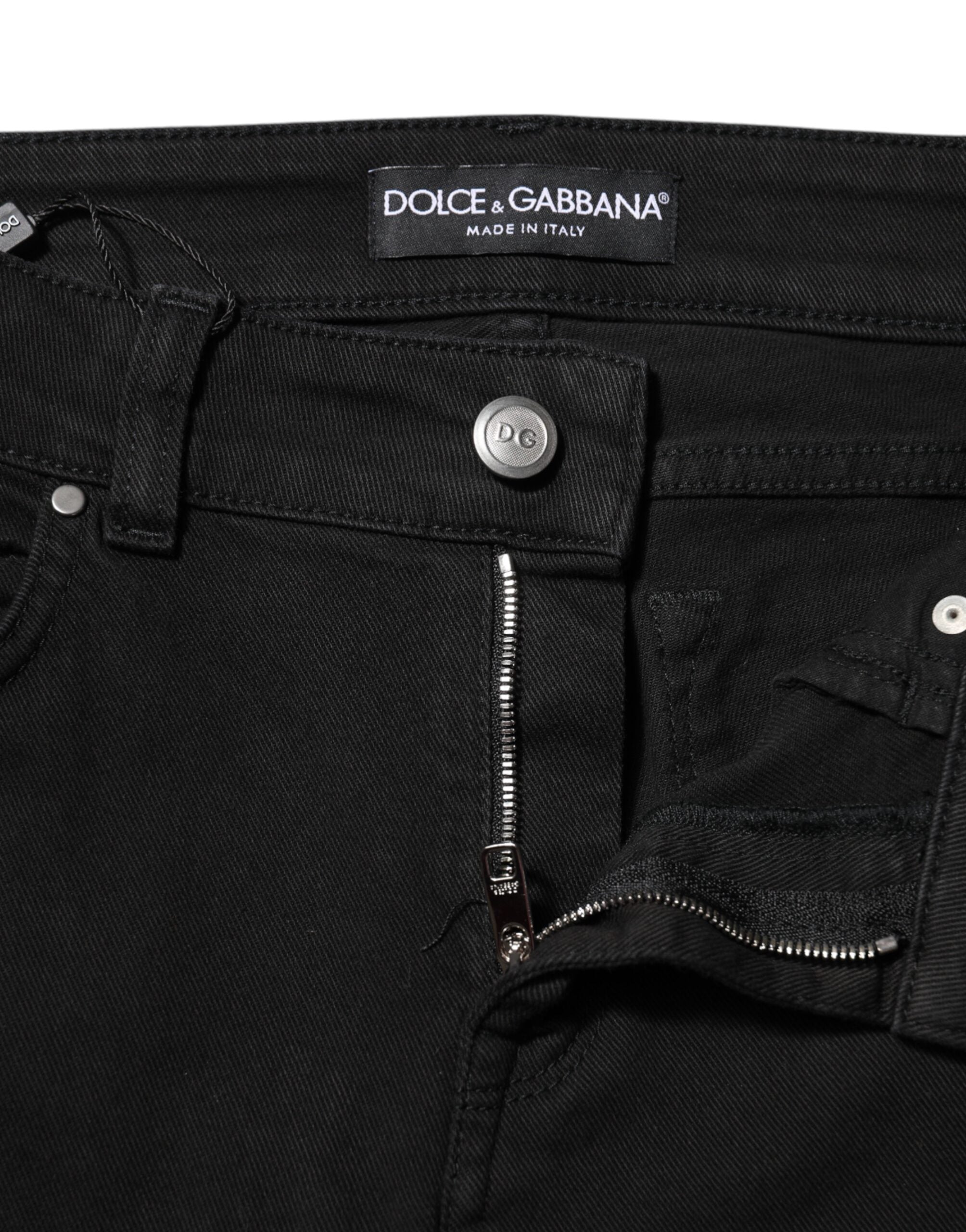 Black Cotton Logo Skinny Mid Waist Denim Jeans - ventzia