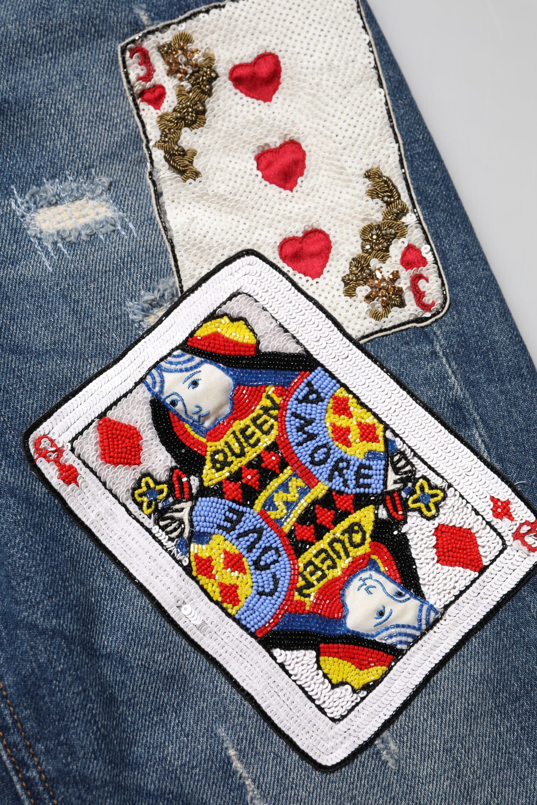 Blue Play Card Embroidery Skinny Denim Jeans - ventzia
