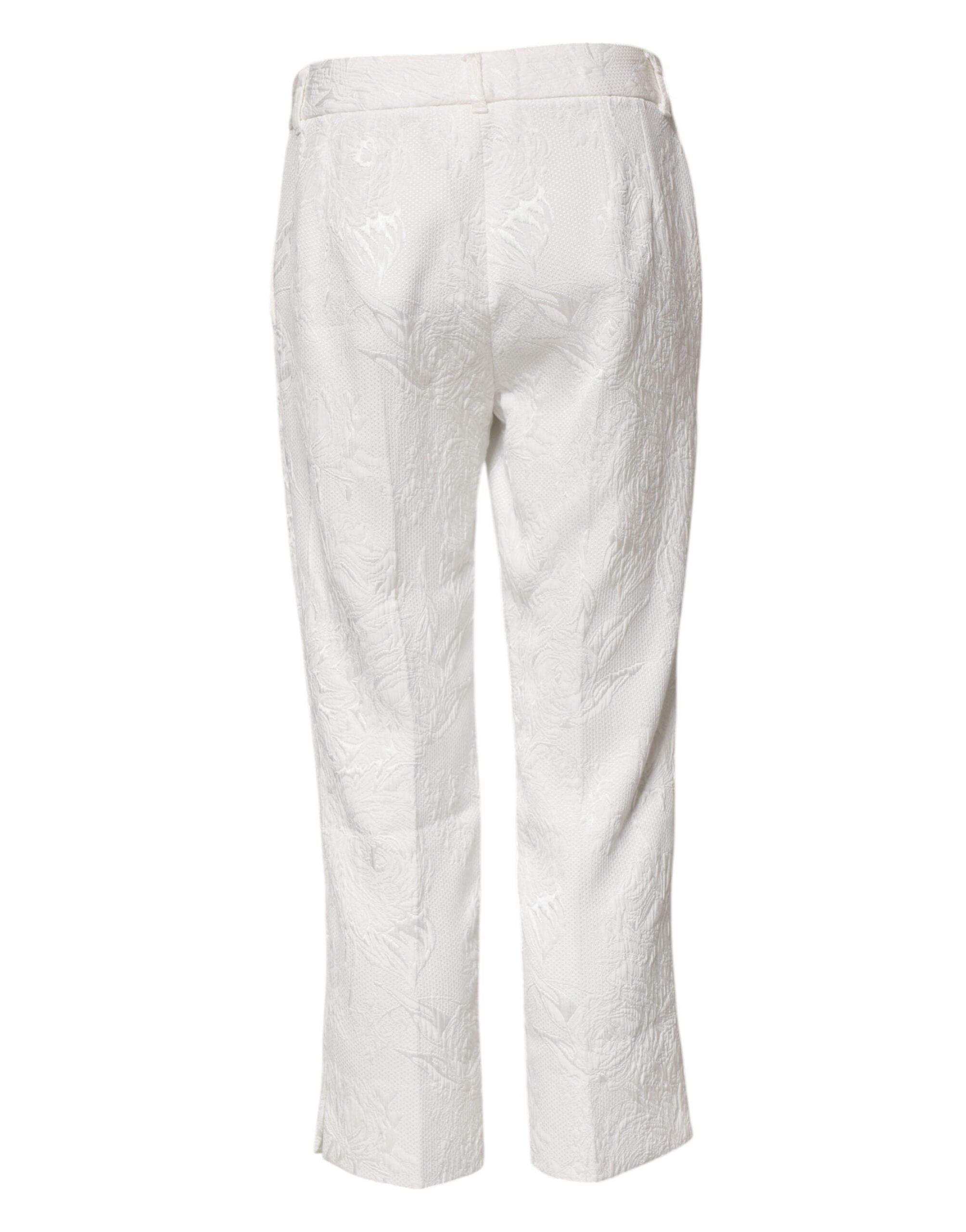 White Cotton Floral Jacquard Pants - ventzia