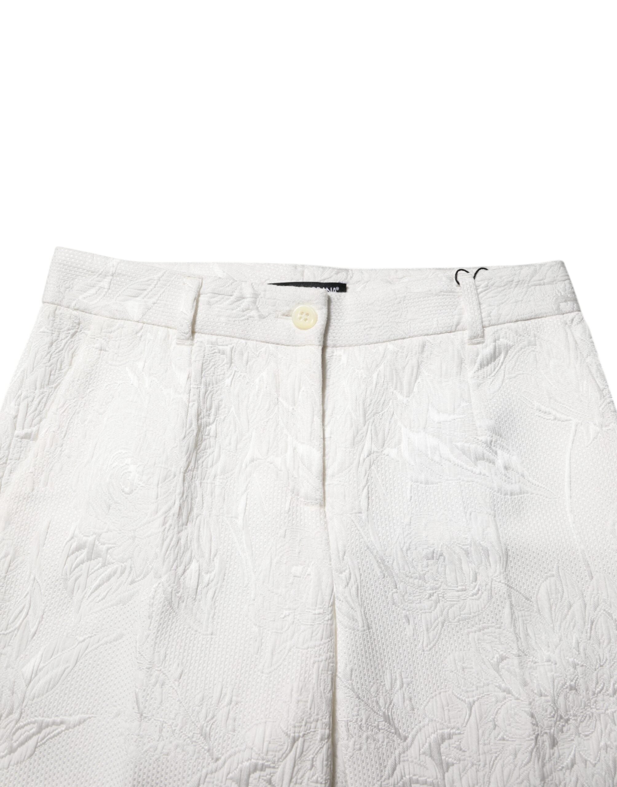 White Cotton Floral Jacquard Pants - ventzia
