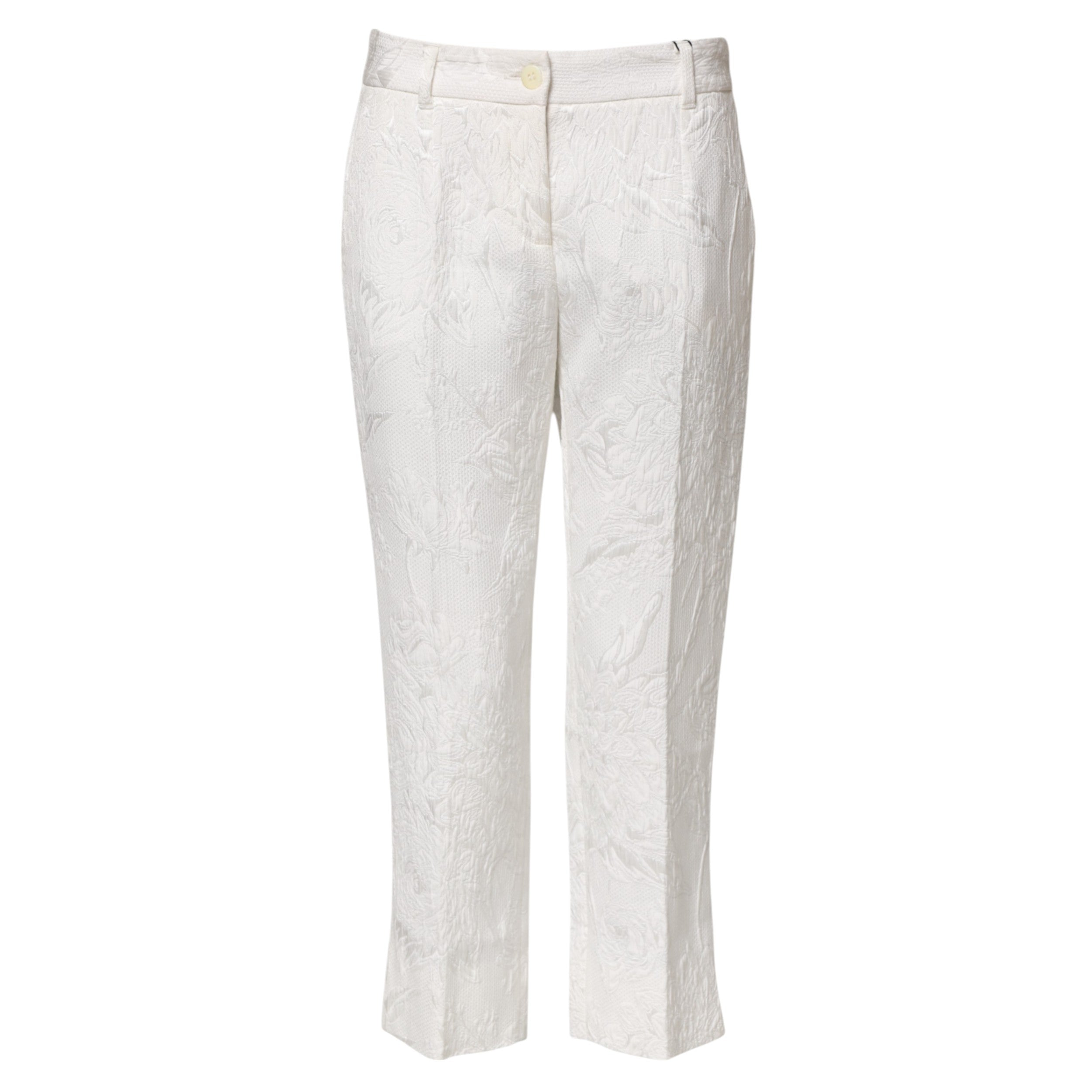 White Cotton Floral Jacquard Pants - ventzia