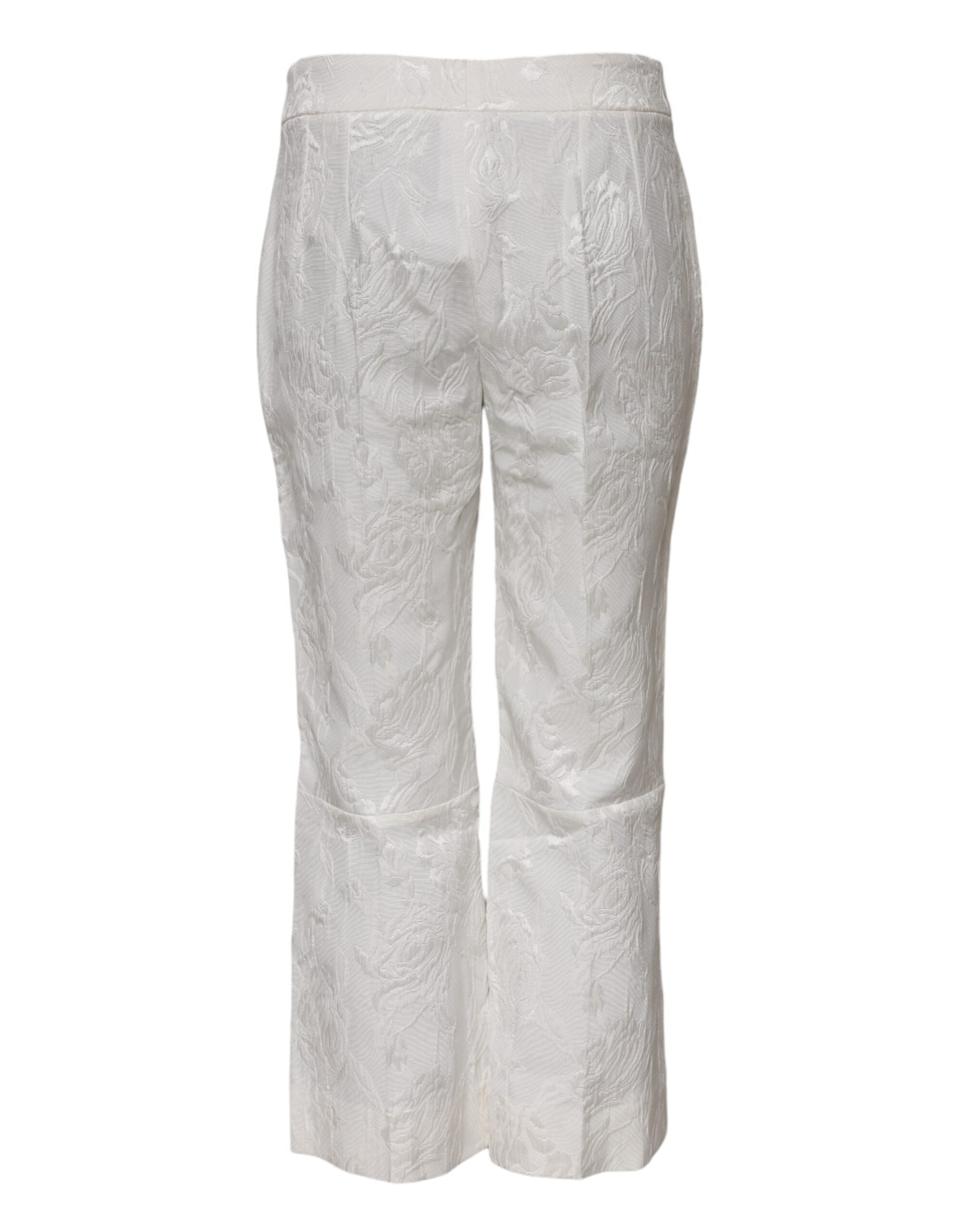 White Cotton Floral Jacquard Pants - ventzia