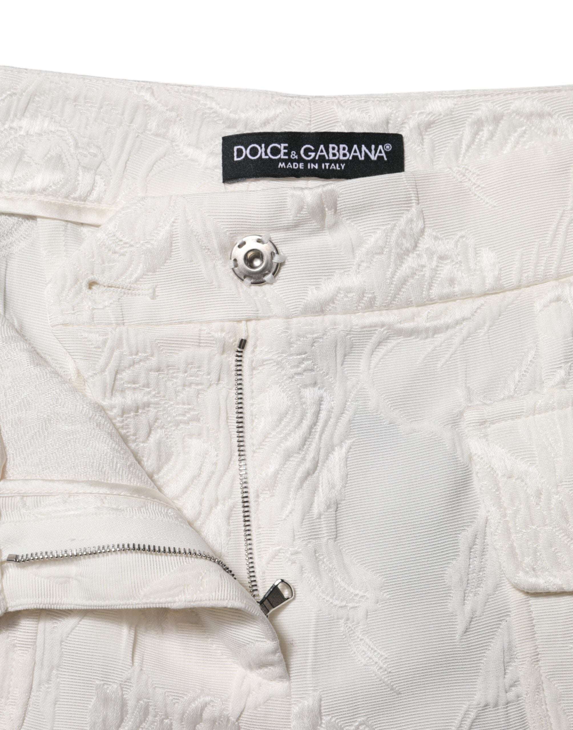 White Cotton Floral Jacquard Pants - ventzia