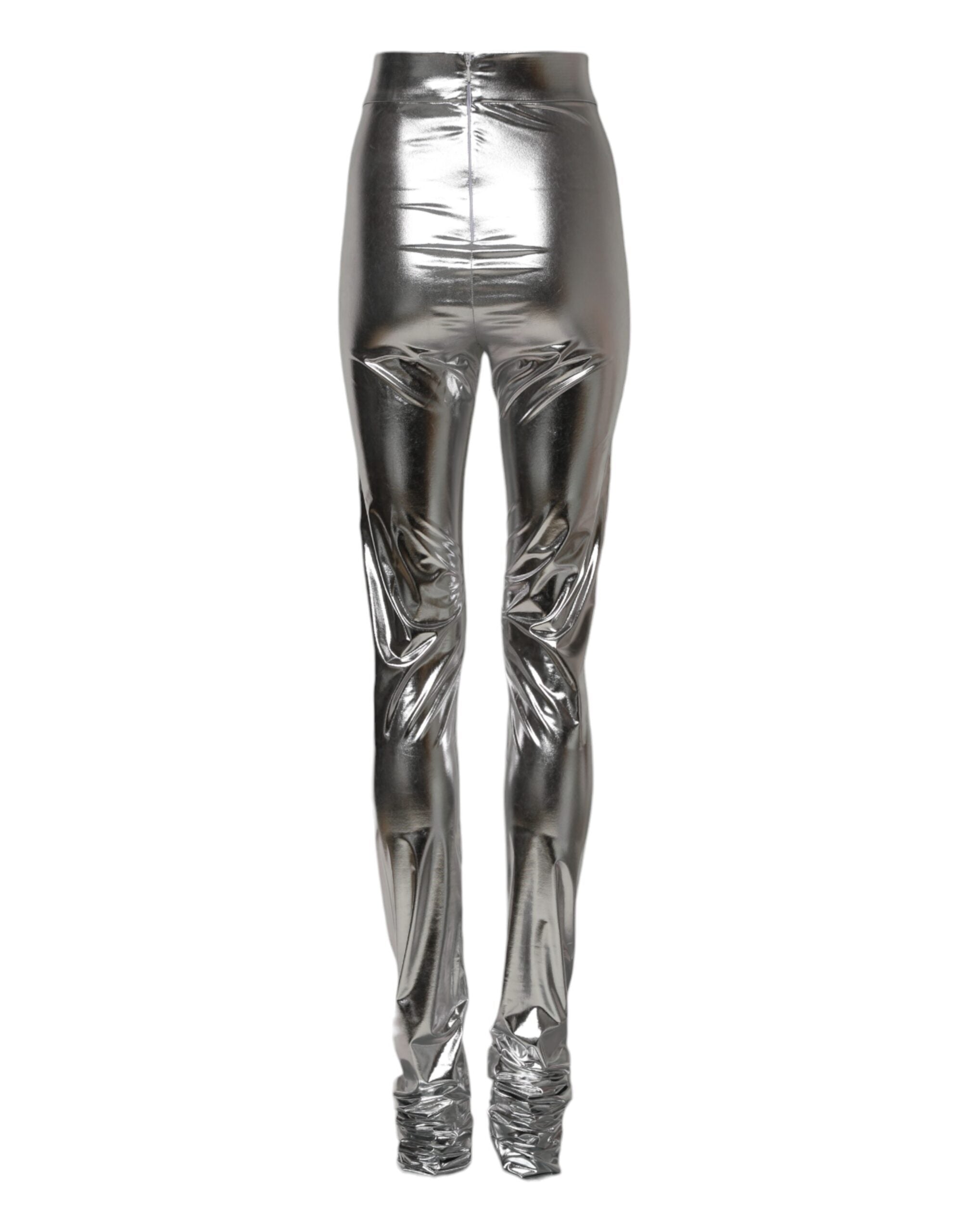 Metallic Silver Polyester Slim Fit Leggings Pants - ventzia