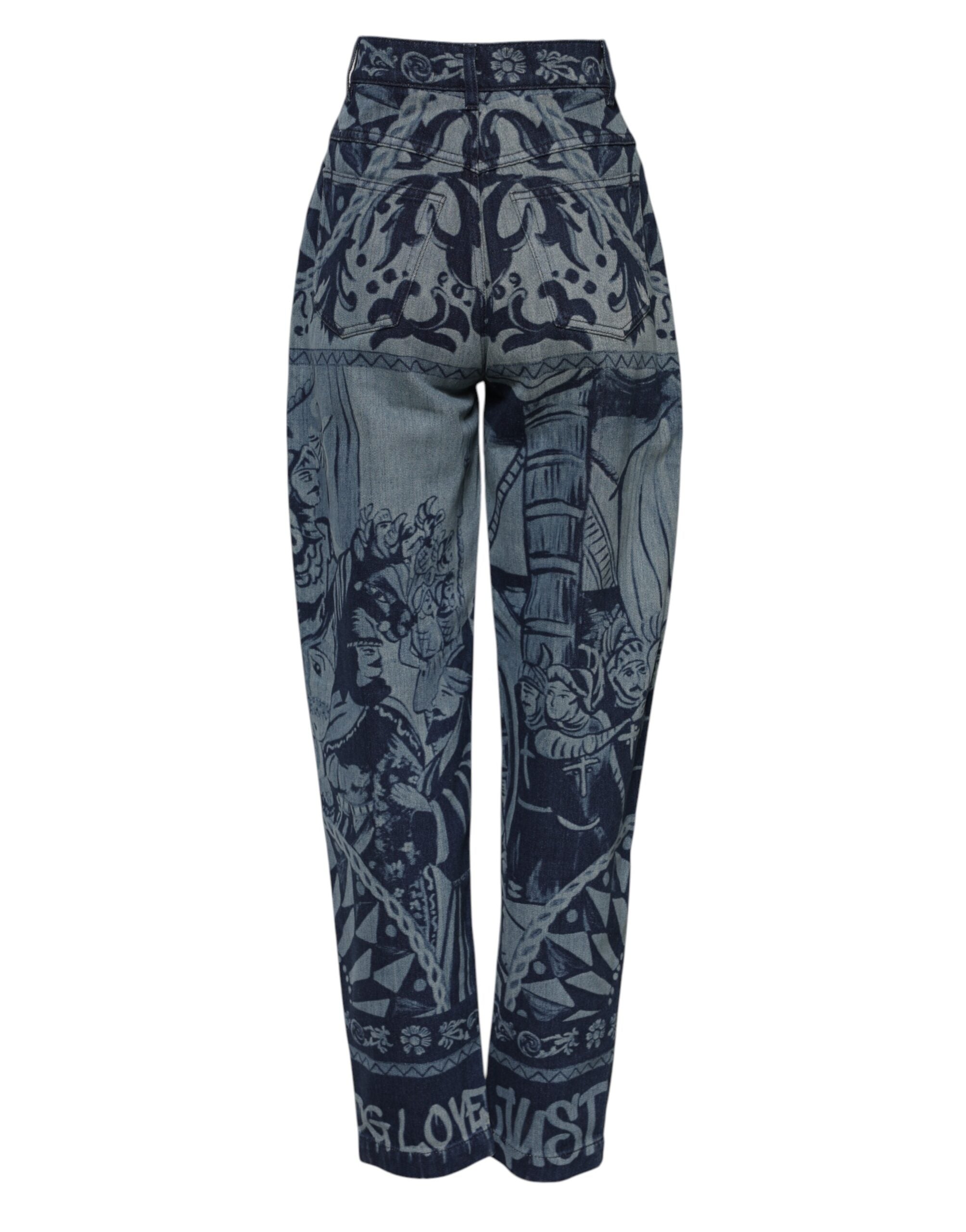 Blue Graphic Print Tapered Denim Jeans - ventzia