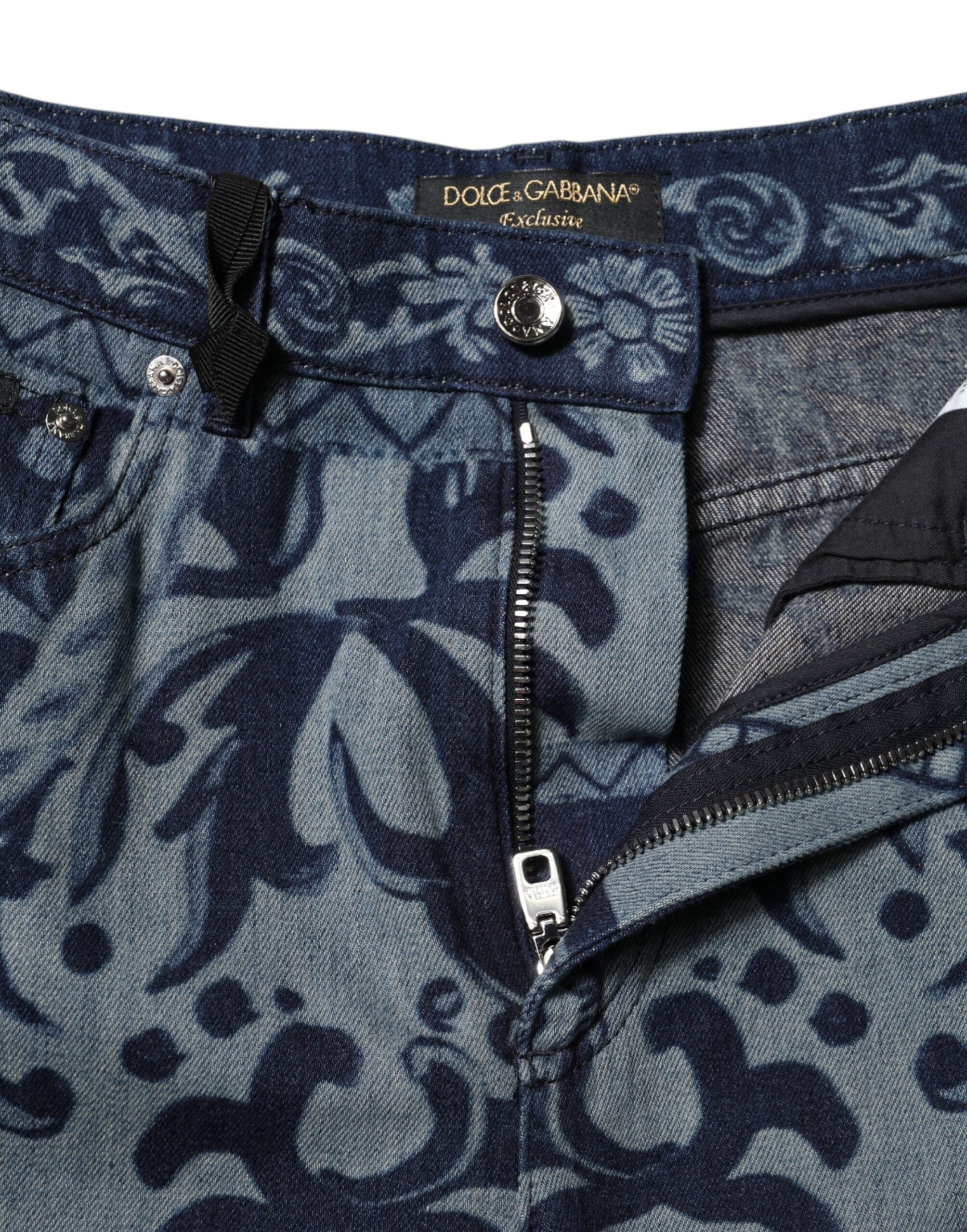 Blue Graphic Print Tapered Denim Jeans - ventzia