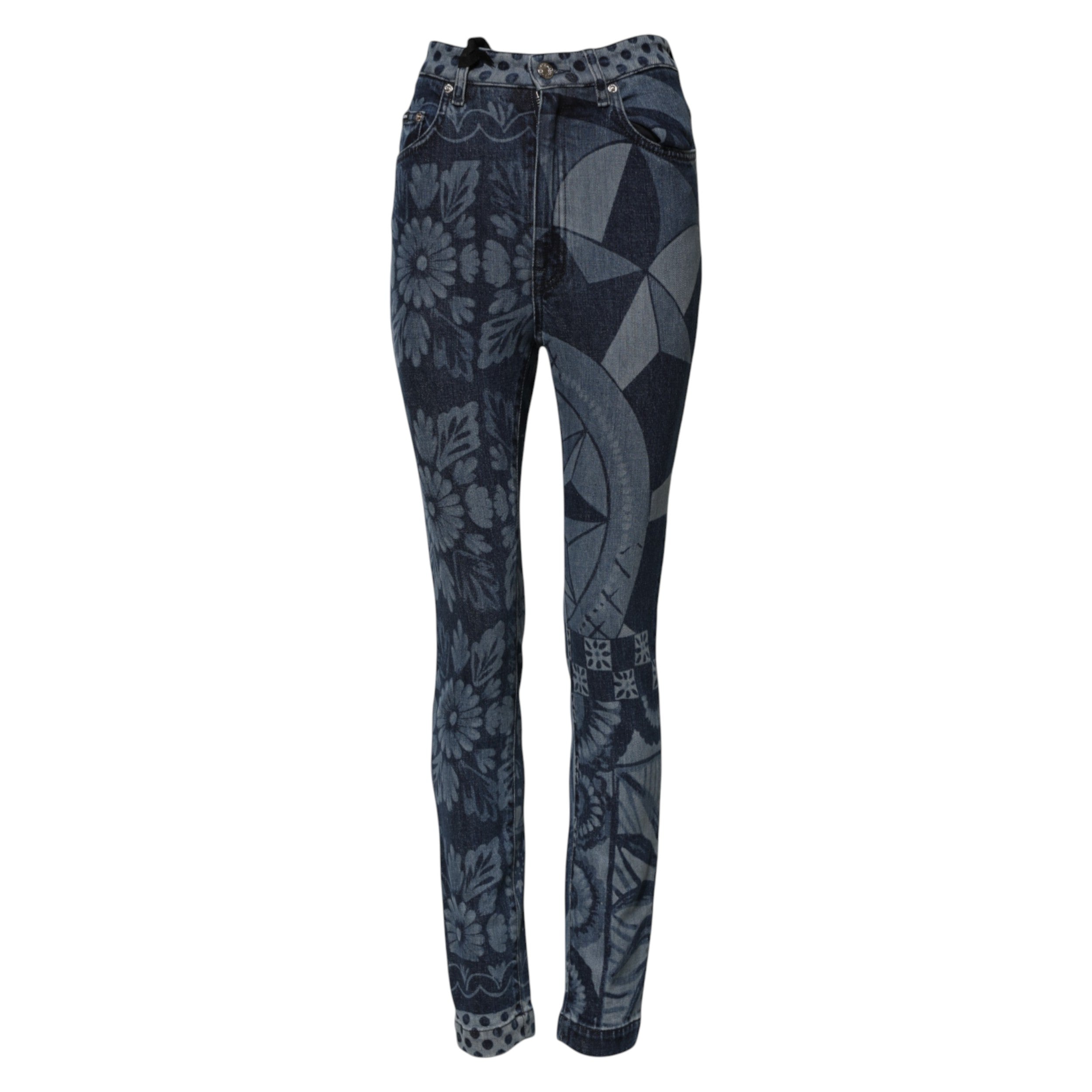 Blue Graphic Print Cotton Skinny Denim Jeans - ventzia