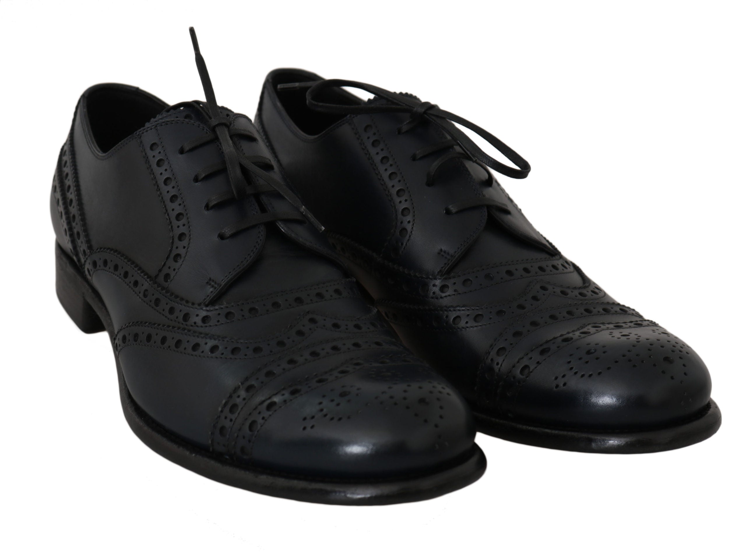 Elegant Blue Leather Wingtip Derby Shoes - ventzia