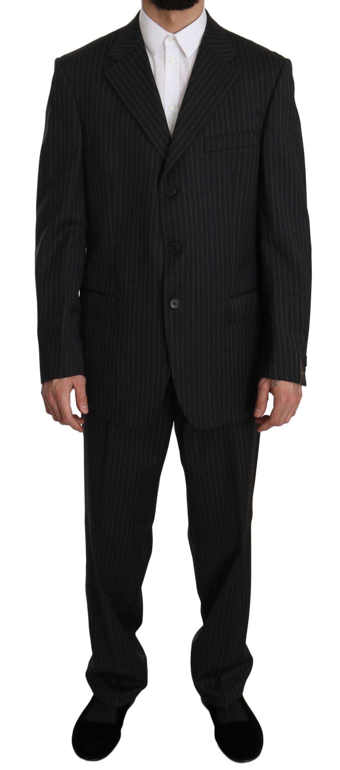 Elegant Black Striped Wool Suit - ventzia