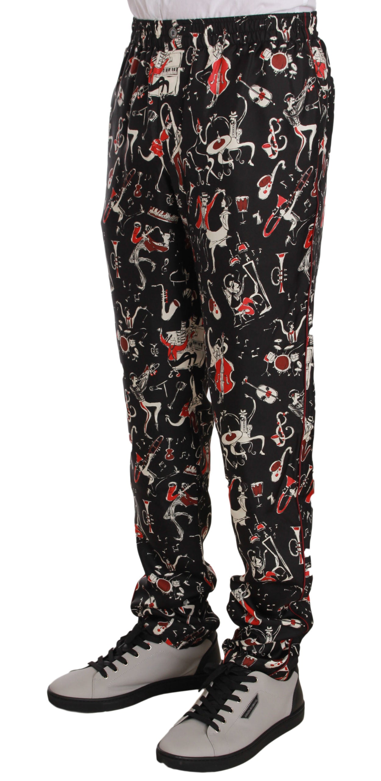 Elegant Black Silk Lounge Pants with Red Print - ventzia