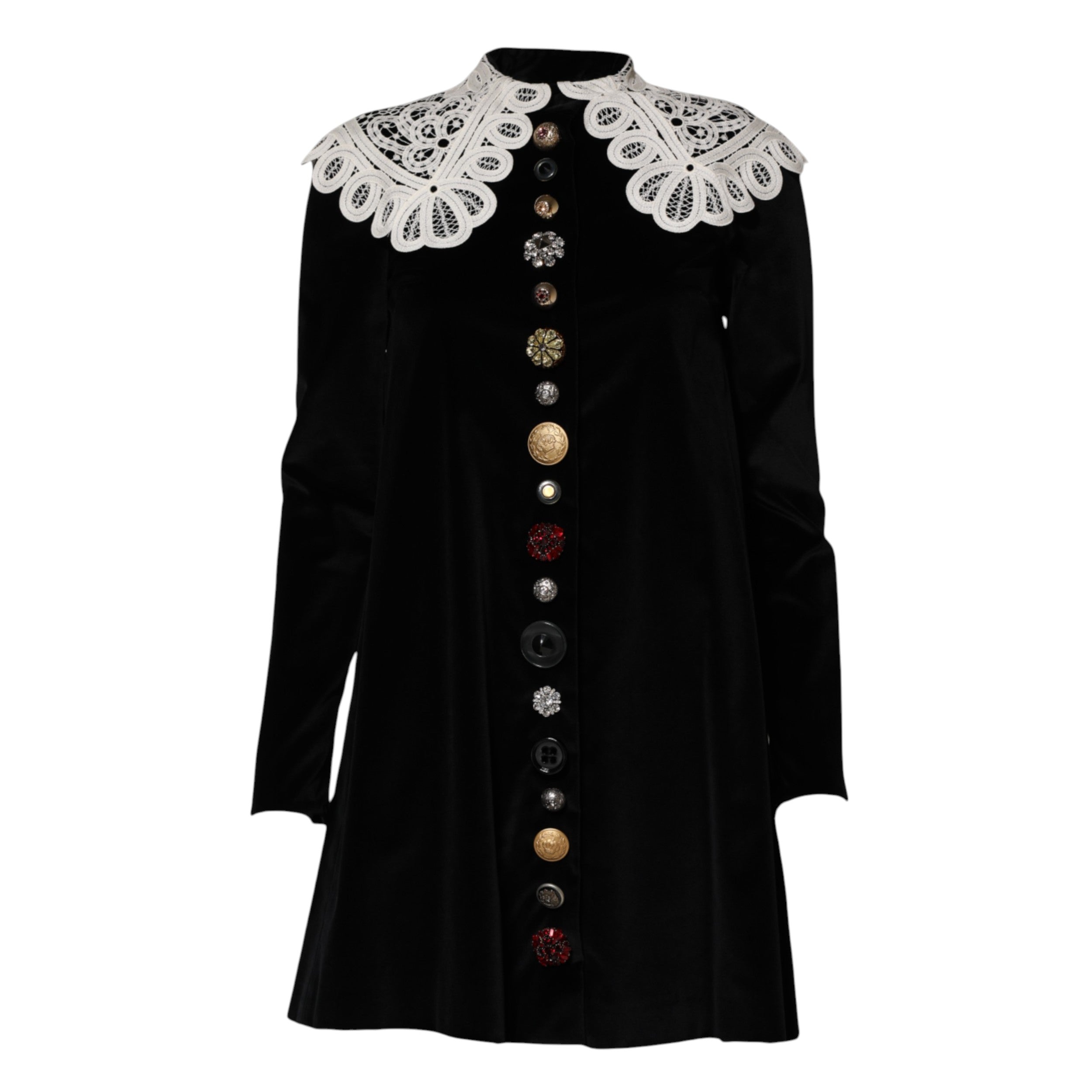 Black Velvet Lace Collared Embellished Dress - ventzia