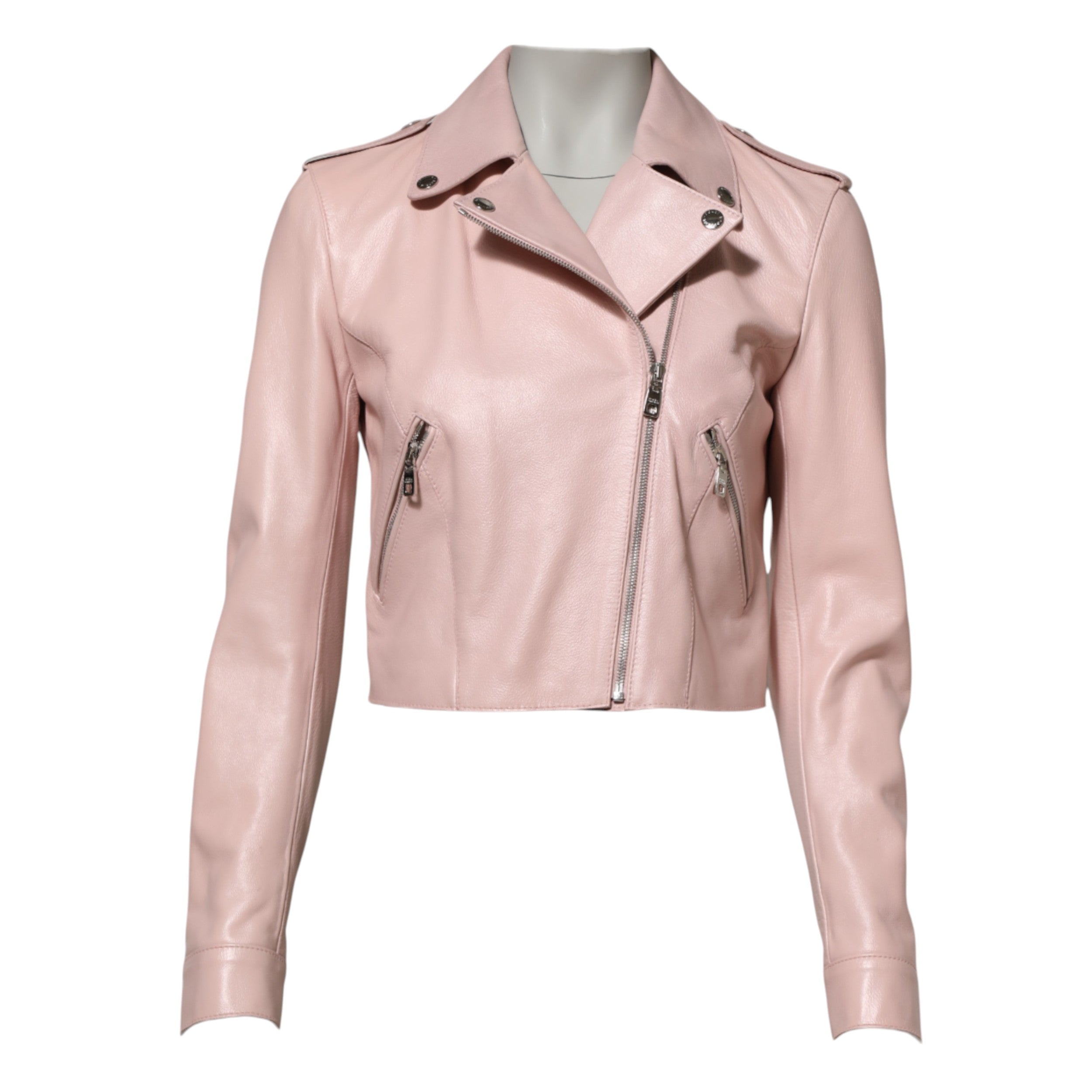 Light Pink Collar Leather Women Biker Jacket - ventzia