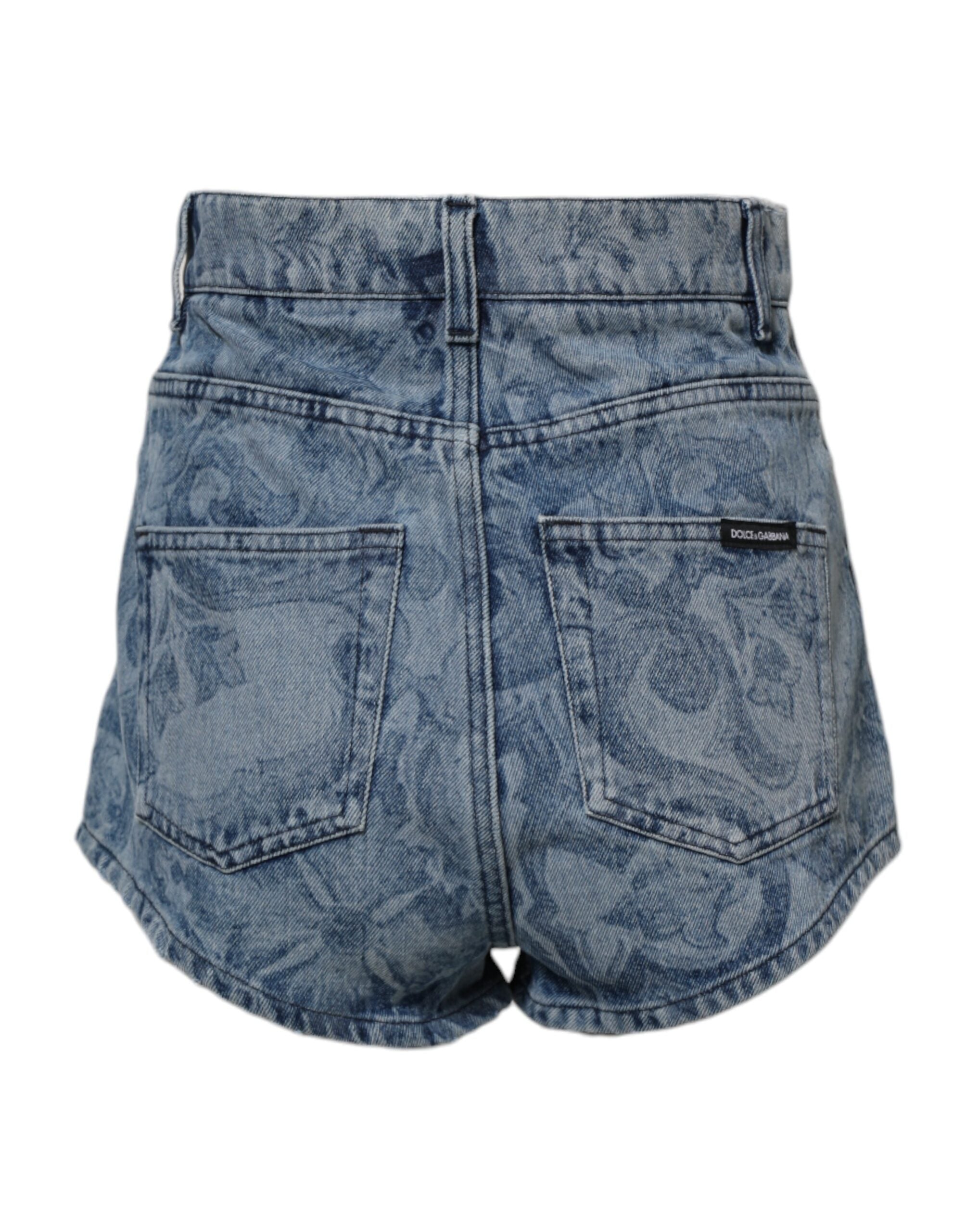 Blue Floral Print Denim Cotton Hot Pants Shorts - ventzia