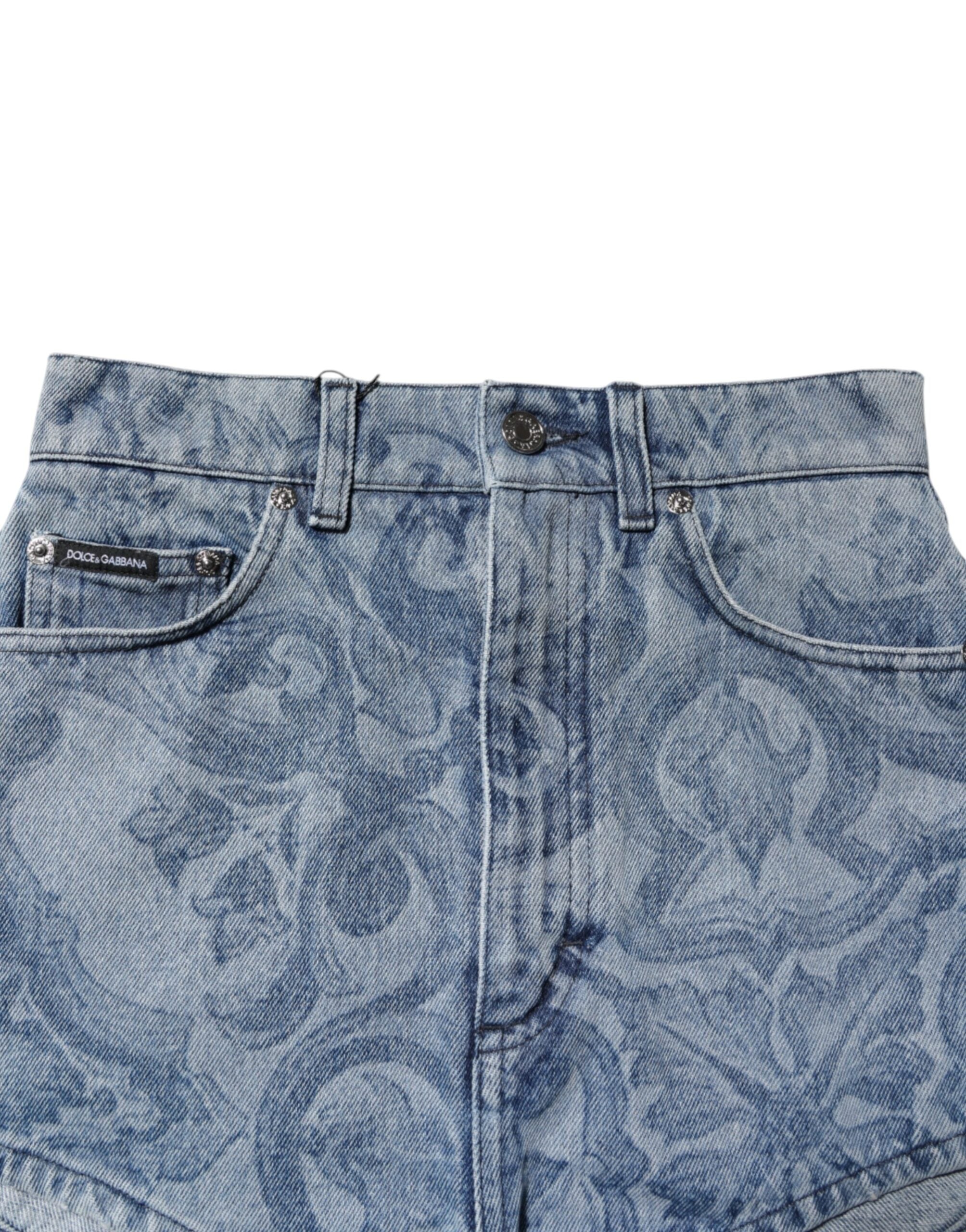 Blue Floral Print Denim Cotton Hot Pants Shorts - ventzia