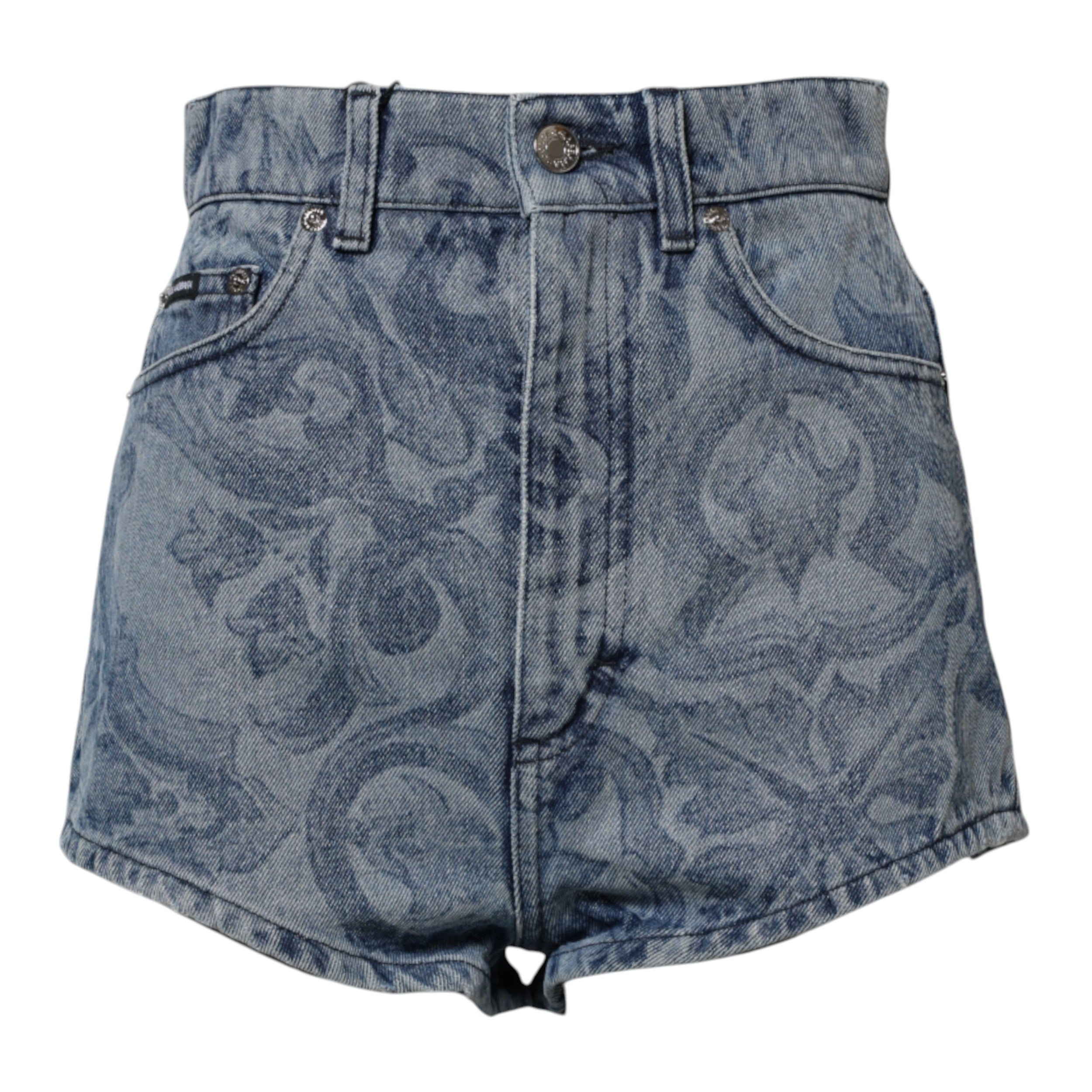 Blue Floral Print Denim Cotton Hot Pants Shorts - ventzia