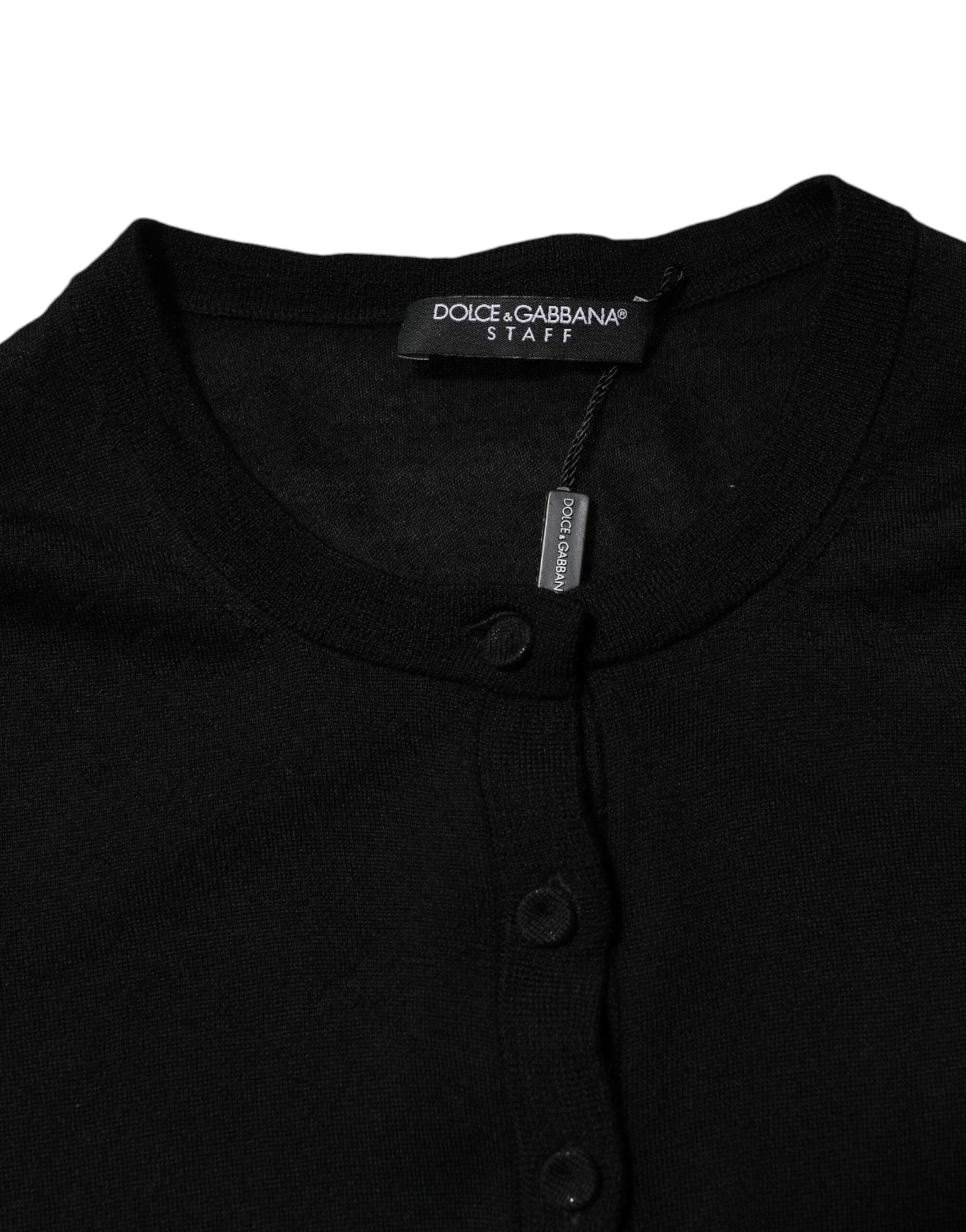 Black Wool Knit Crew Neck Cardigan Sweater - ventzia