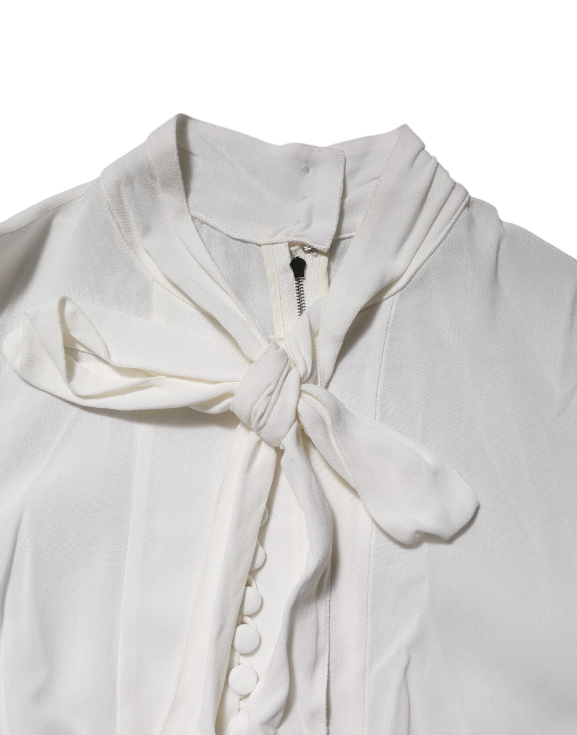 White Viscose Ascot Collar Long Sleeves Top - ventzia
