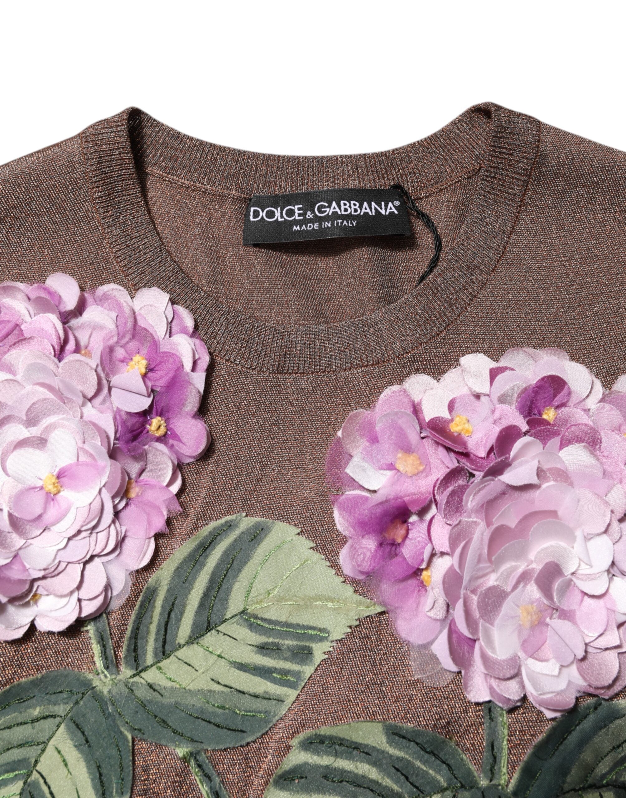 Brown Lily Embellished Round Neck Blouse Top - ventzia